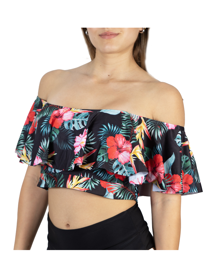 Top de traje de baño sin hombro estampado floral