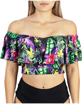 Top de traje de baño sin hombro estampado tropical