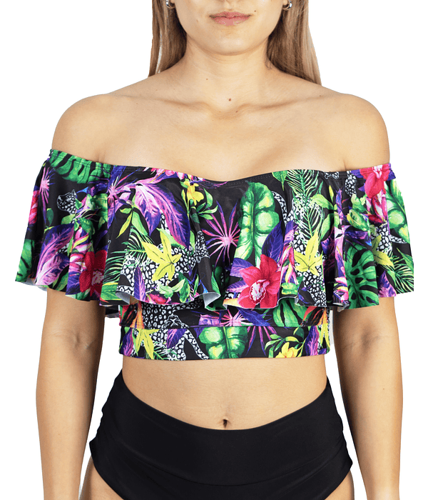 Top de traje de baño sin hombro estampado tropical