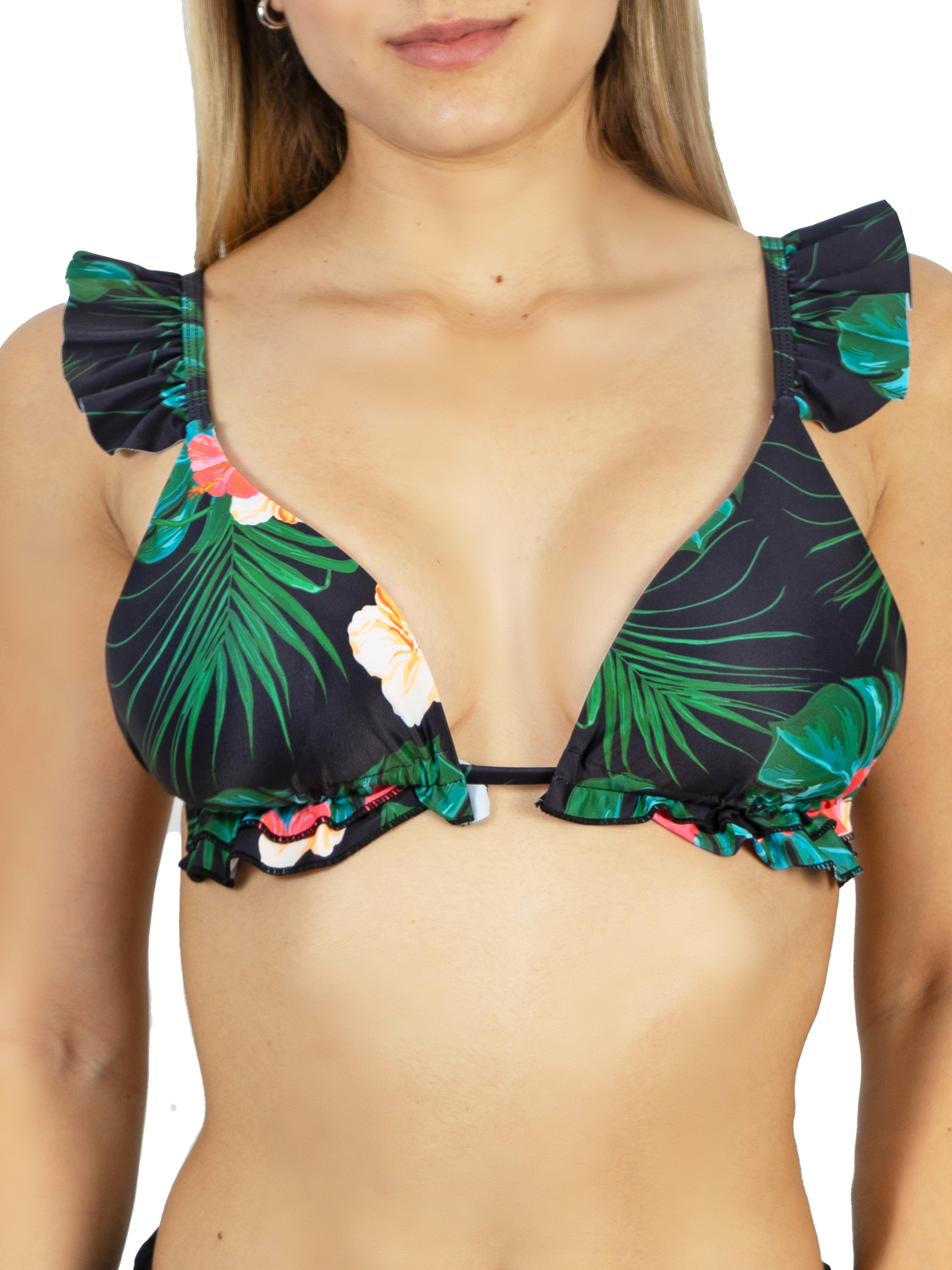 Top triangulo vuelos negro floral 1