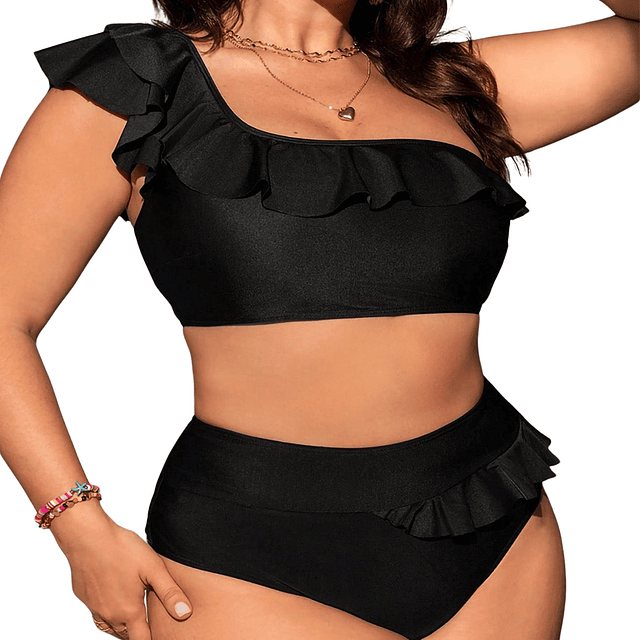 Bikini tiro alto ruffle asimetrico