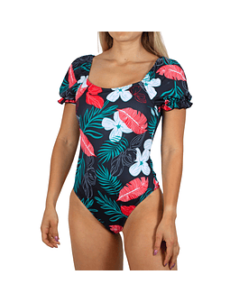 Traje de baño mangas estampado Floral rojo