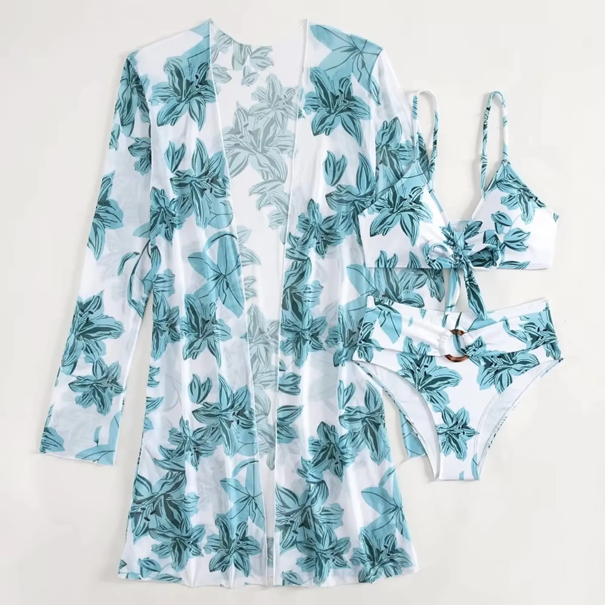 Bikini tiro Medio Cairo Blanco hojas + Kimono 6