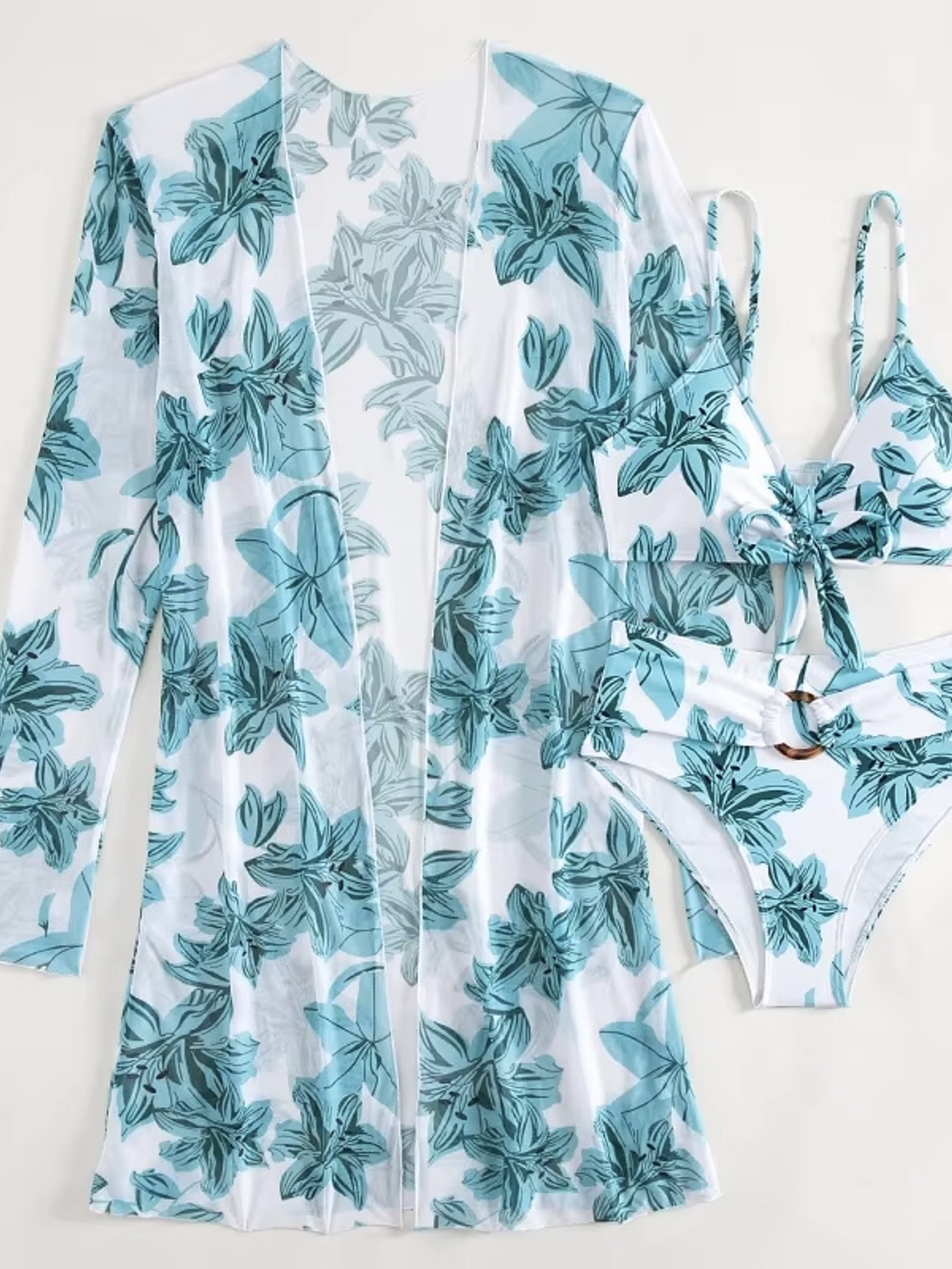 Bikini tiro Medio Cairo Blanco hojas + Kimono 6