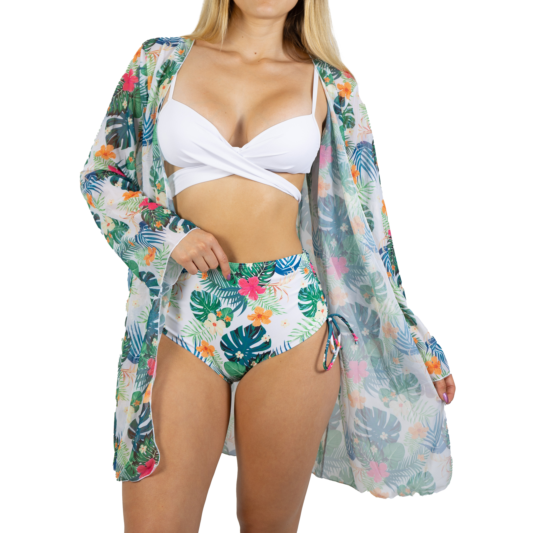 Bikini tiro alto top cruzado Verde floral + kimono 1