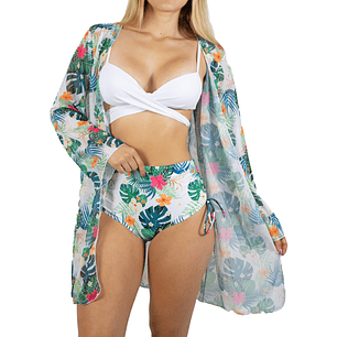 Bikini tiro alto top cruzado Verde floral + kimono
