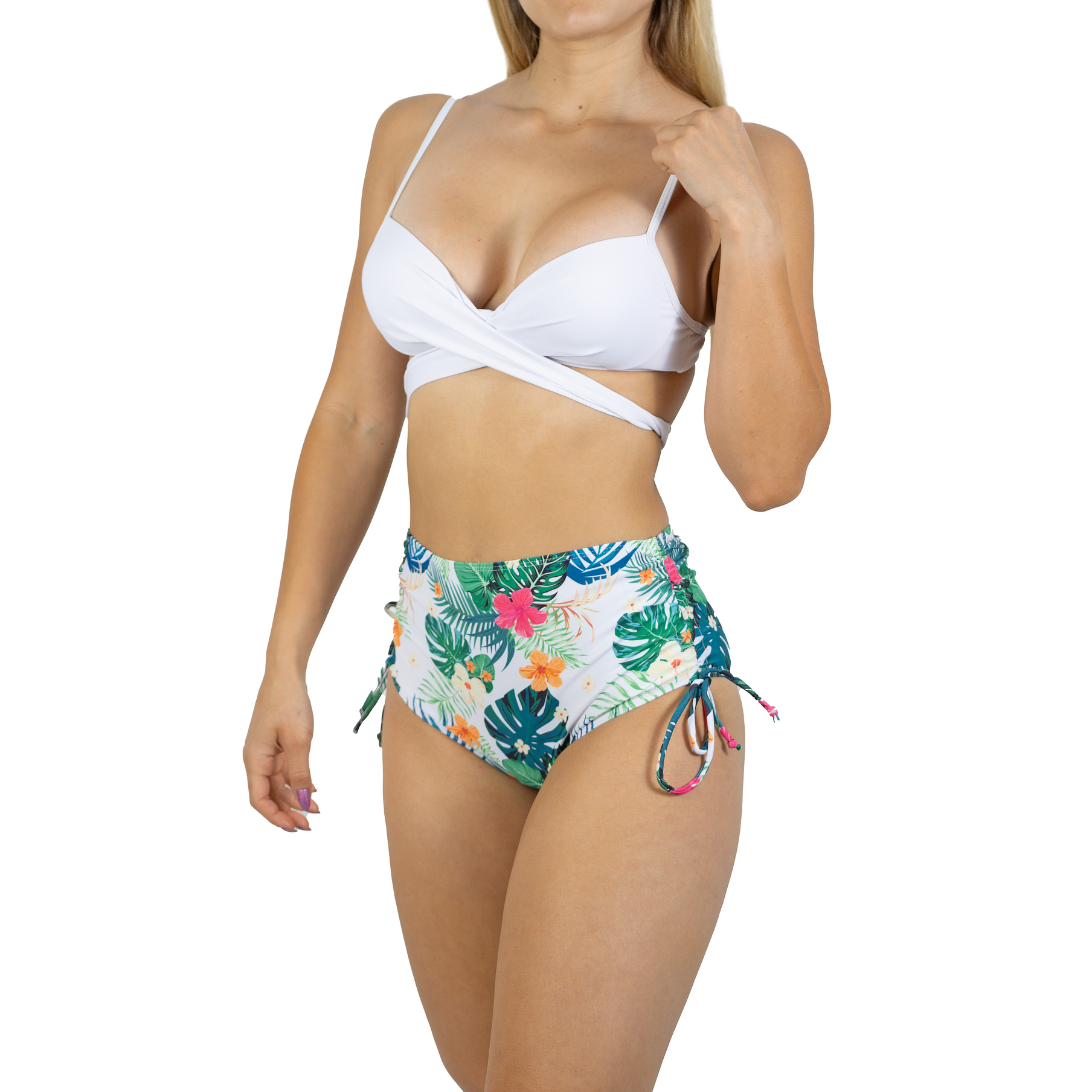 Bikini tiro alto top cruzado Verde floral + kimono 2