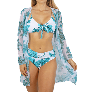 Bikini tiro Medio Cairo Blanco hojas + Kimono
