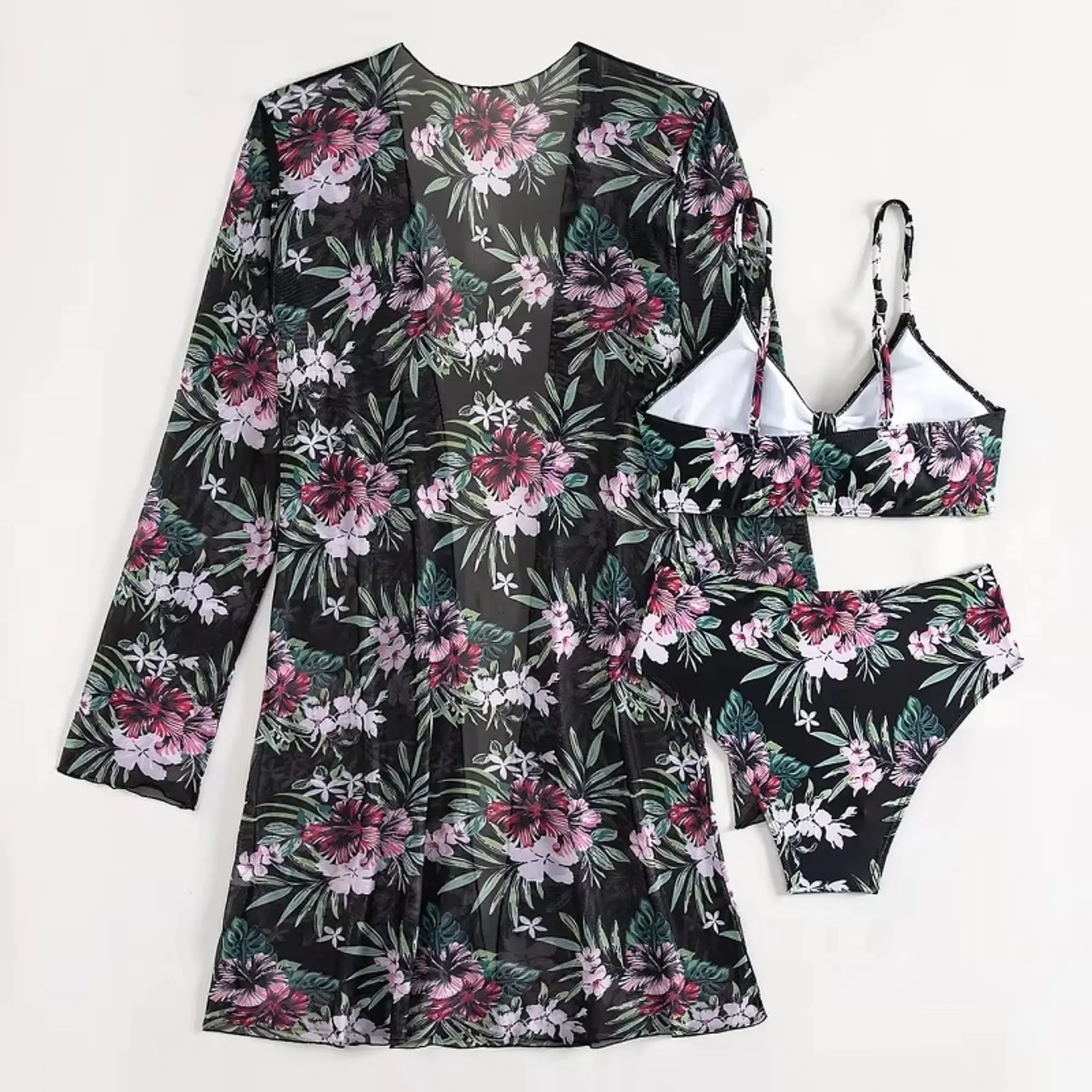Bikini tiro Medio Cairo Negro floral + Kimono 5