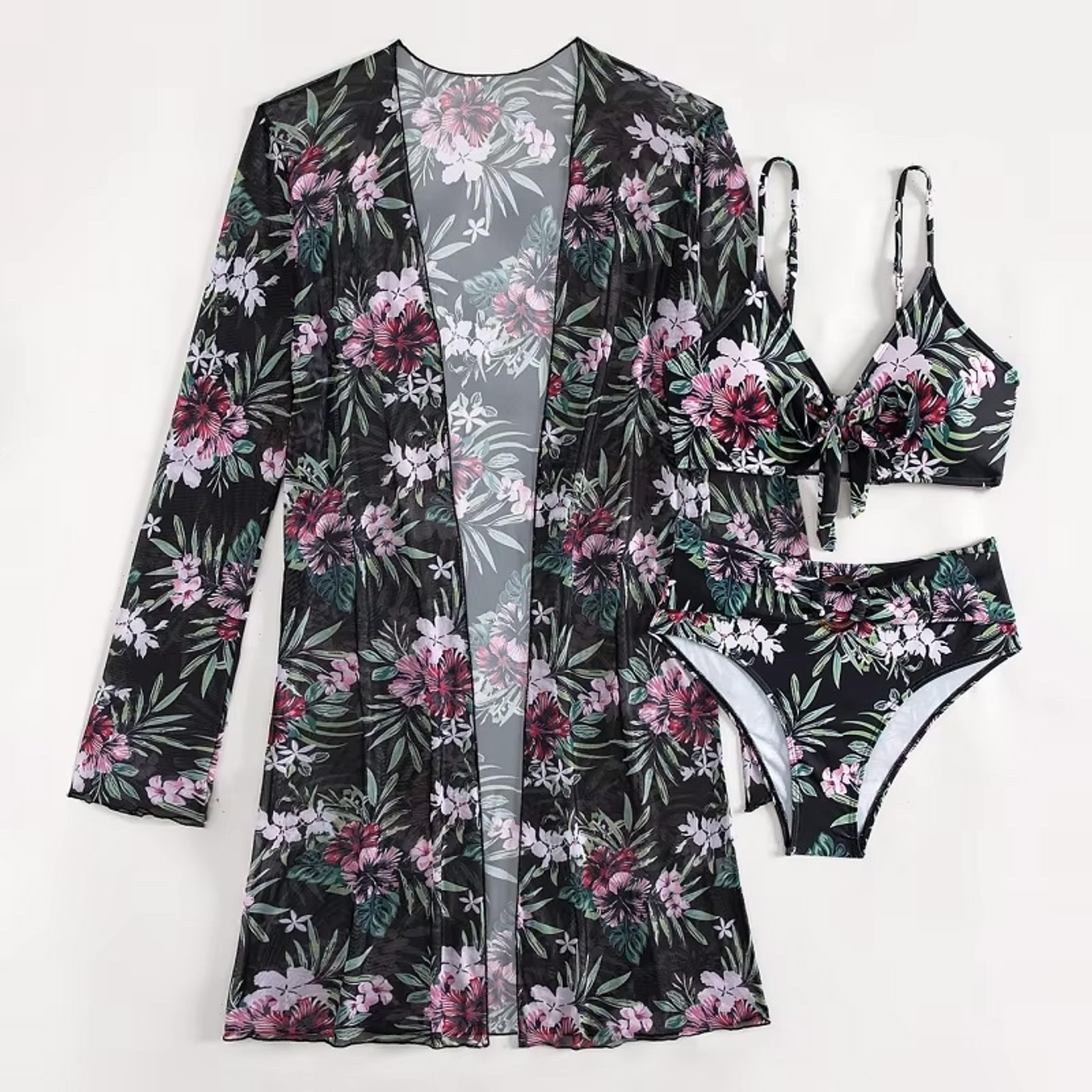 Bikini tiro Medio Cairo Negro floral + Kimono 4