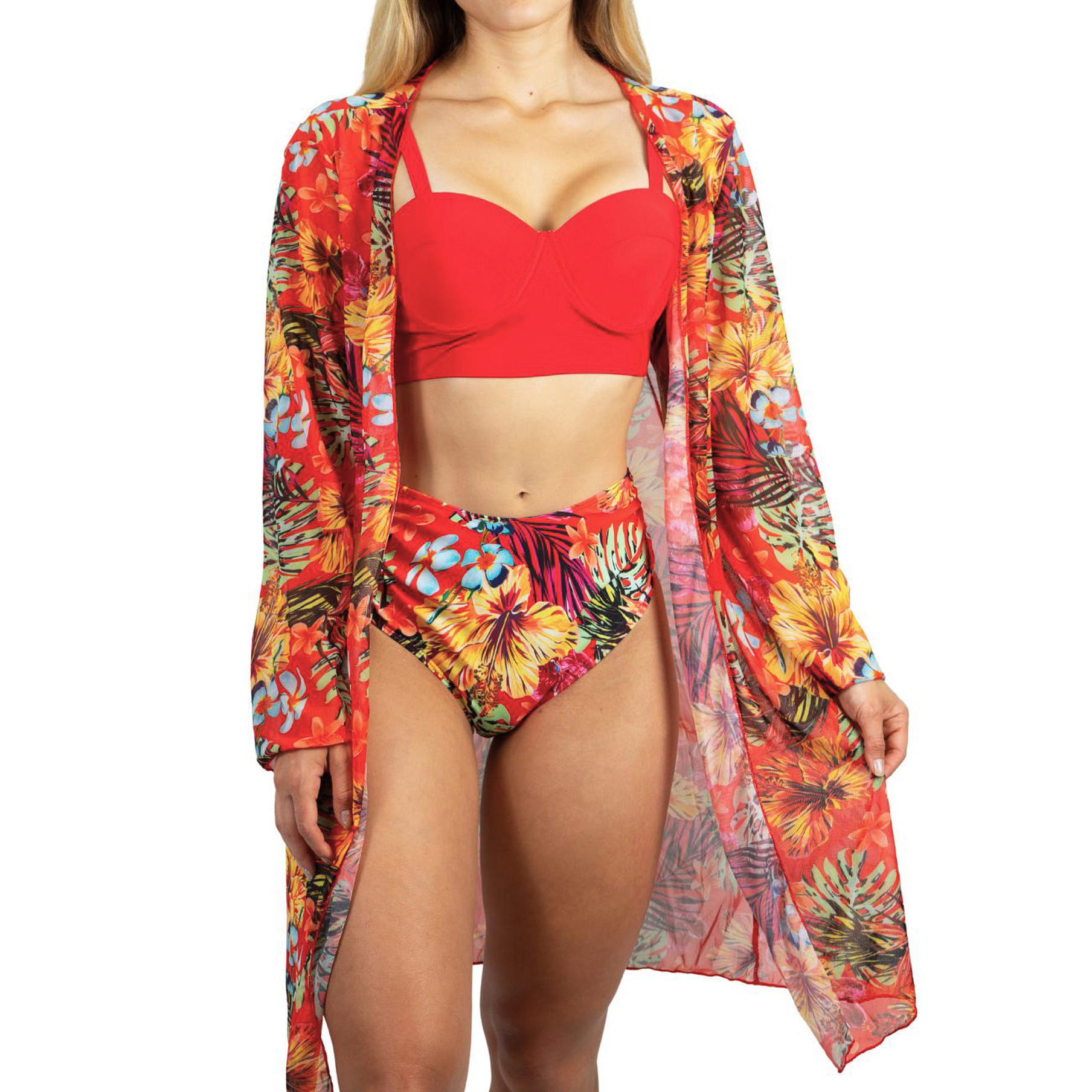 Bikini tiro alto + salida playa Red tropical 2