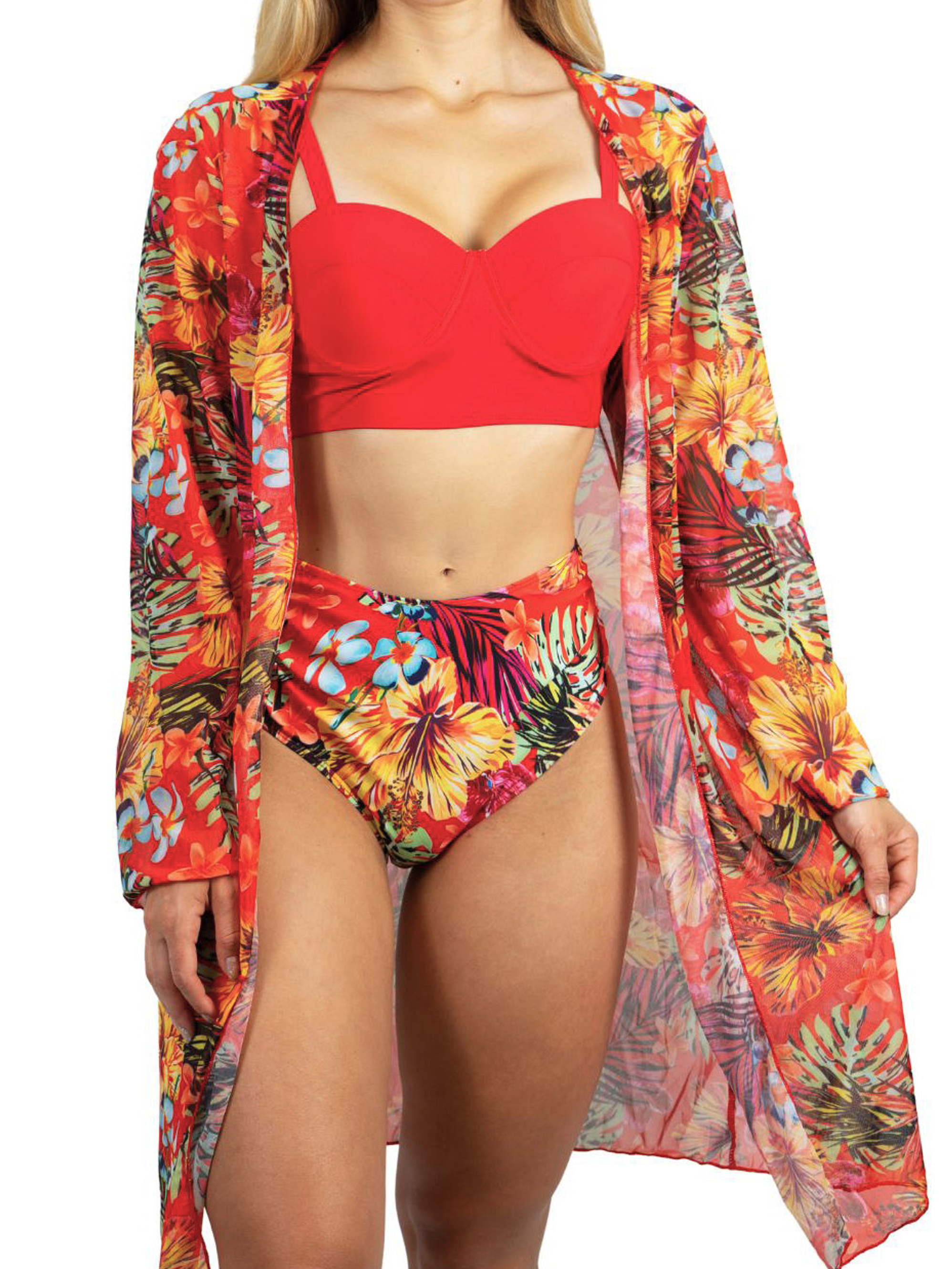 Bikini tiro alto + salida playa Red tropical 2