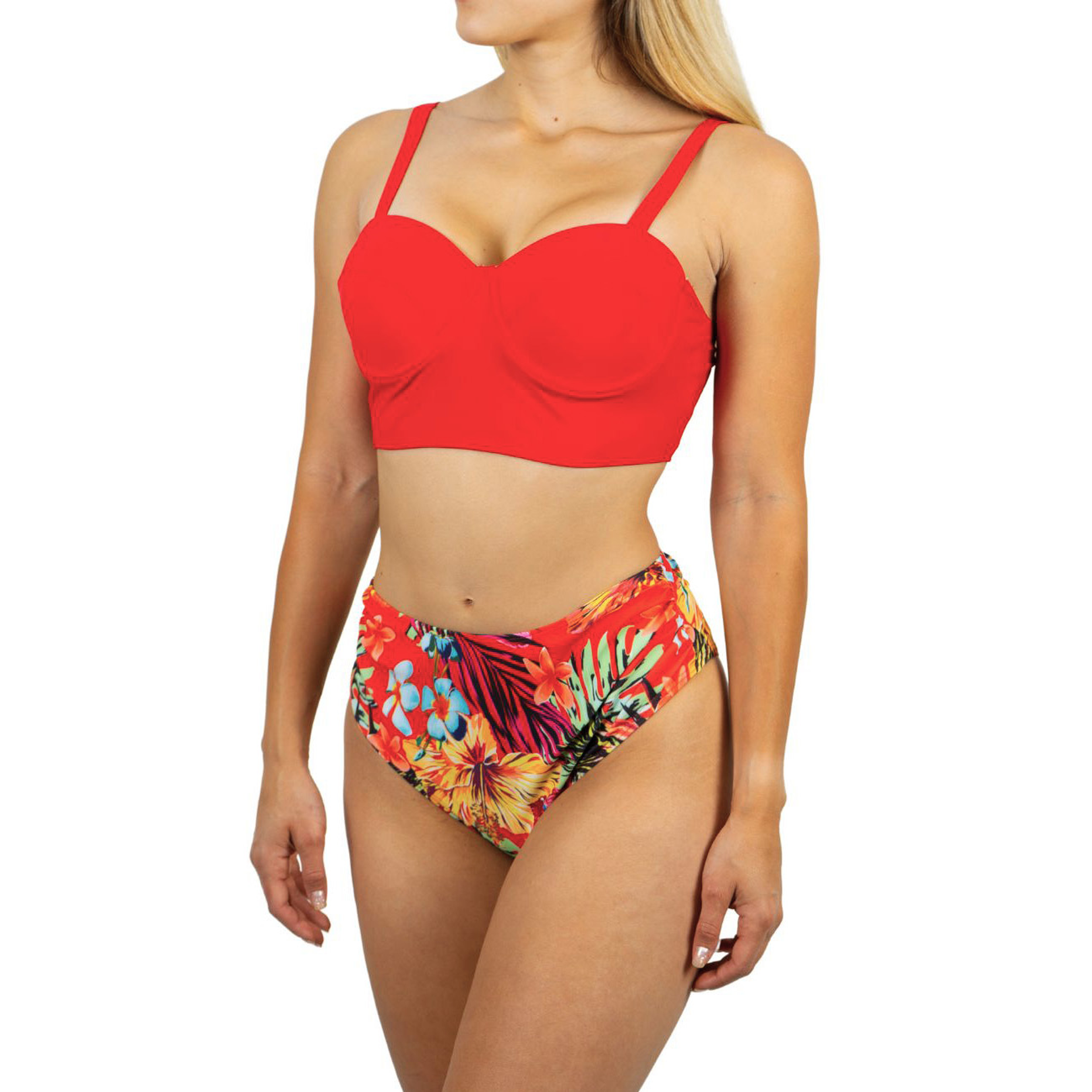 Bikini tiro alto + salida playa Red tropical 1