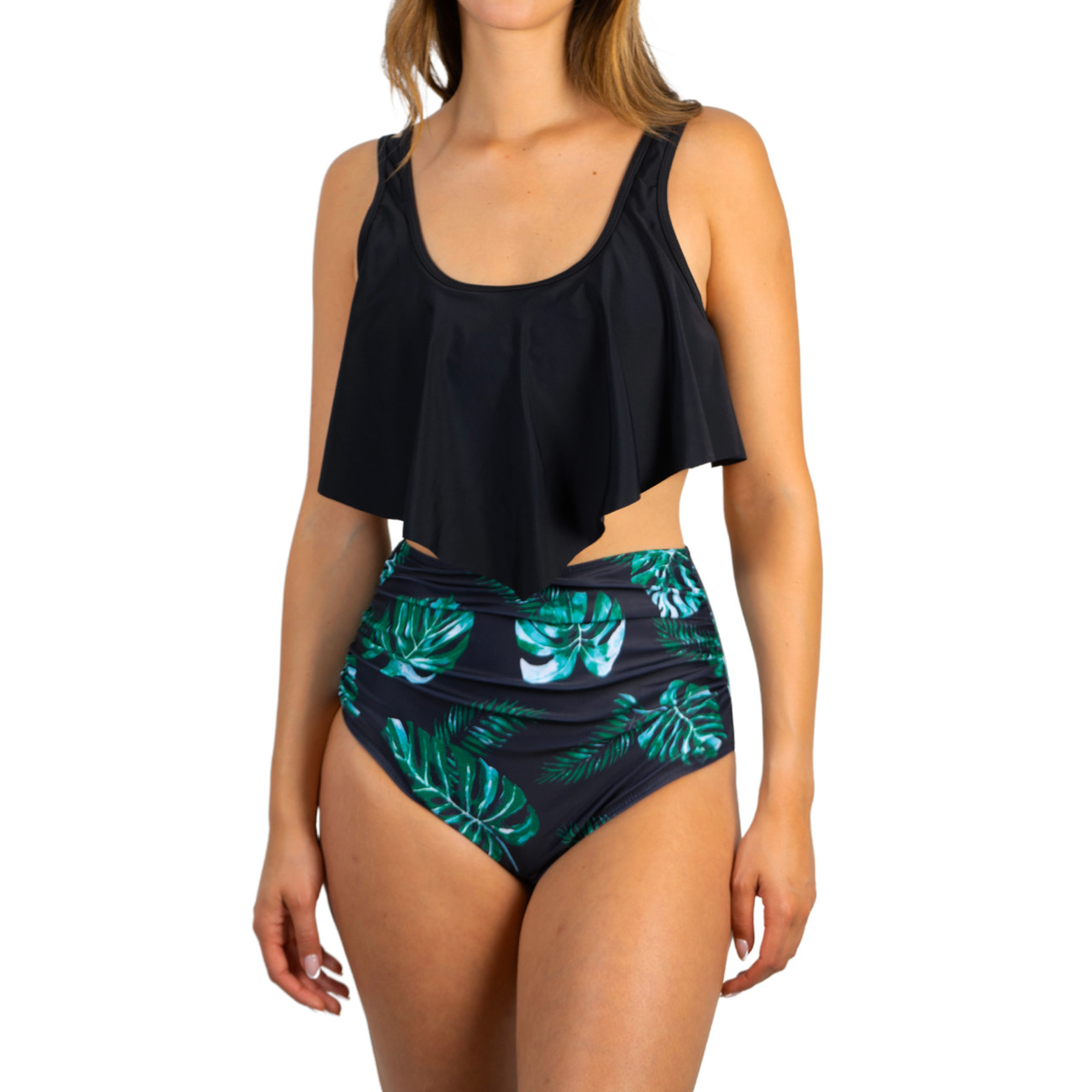 Bikini tiro alto mujer top en punta Val Negro Hojas 1