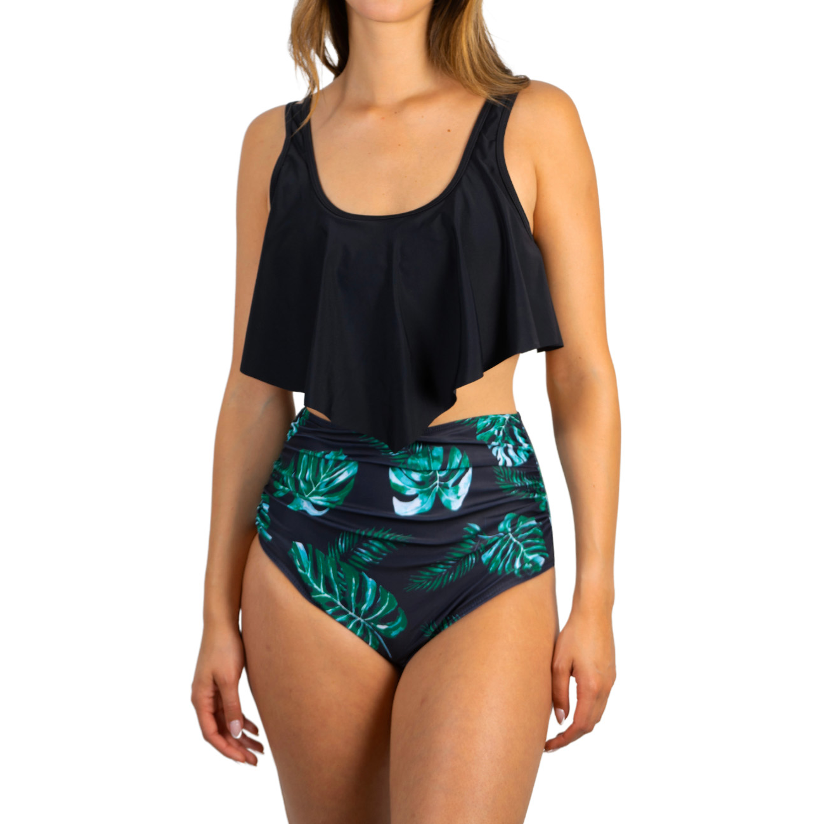 Bikini tiro alto mujer top en punta Val Negro Hojas 1