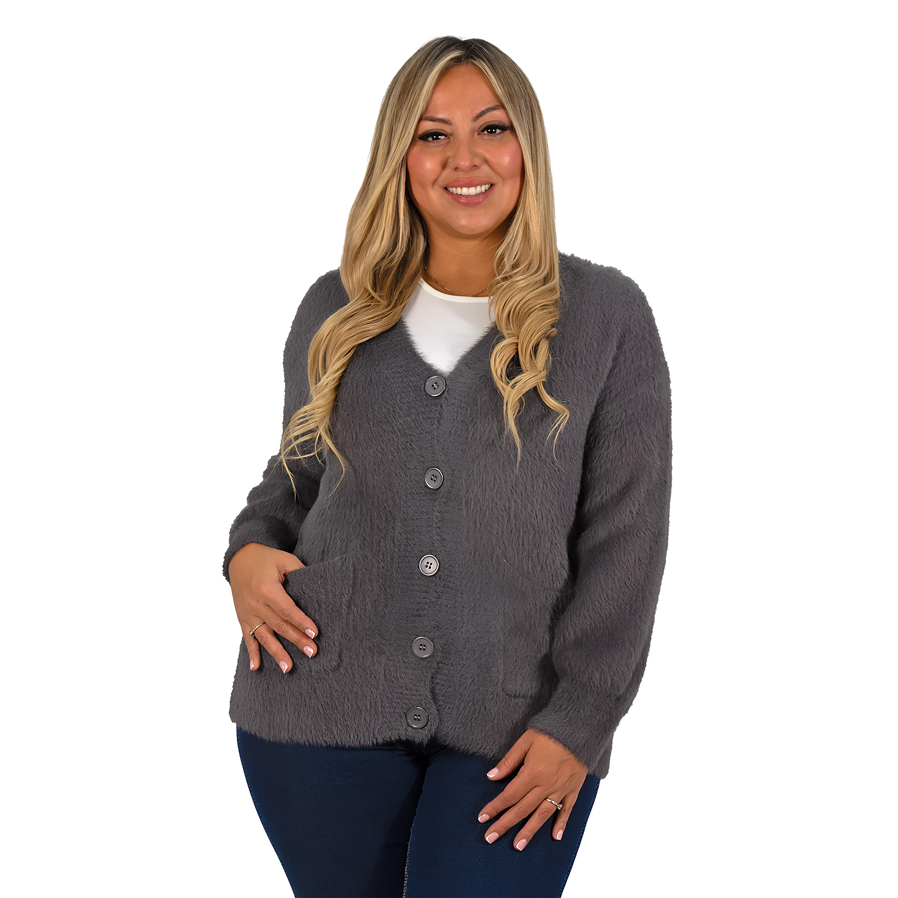 Cardigán Mujer botones peludo colores  3