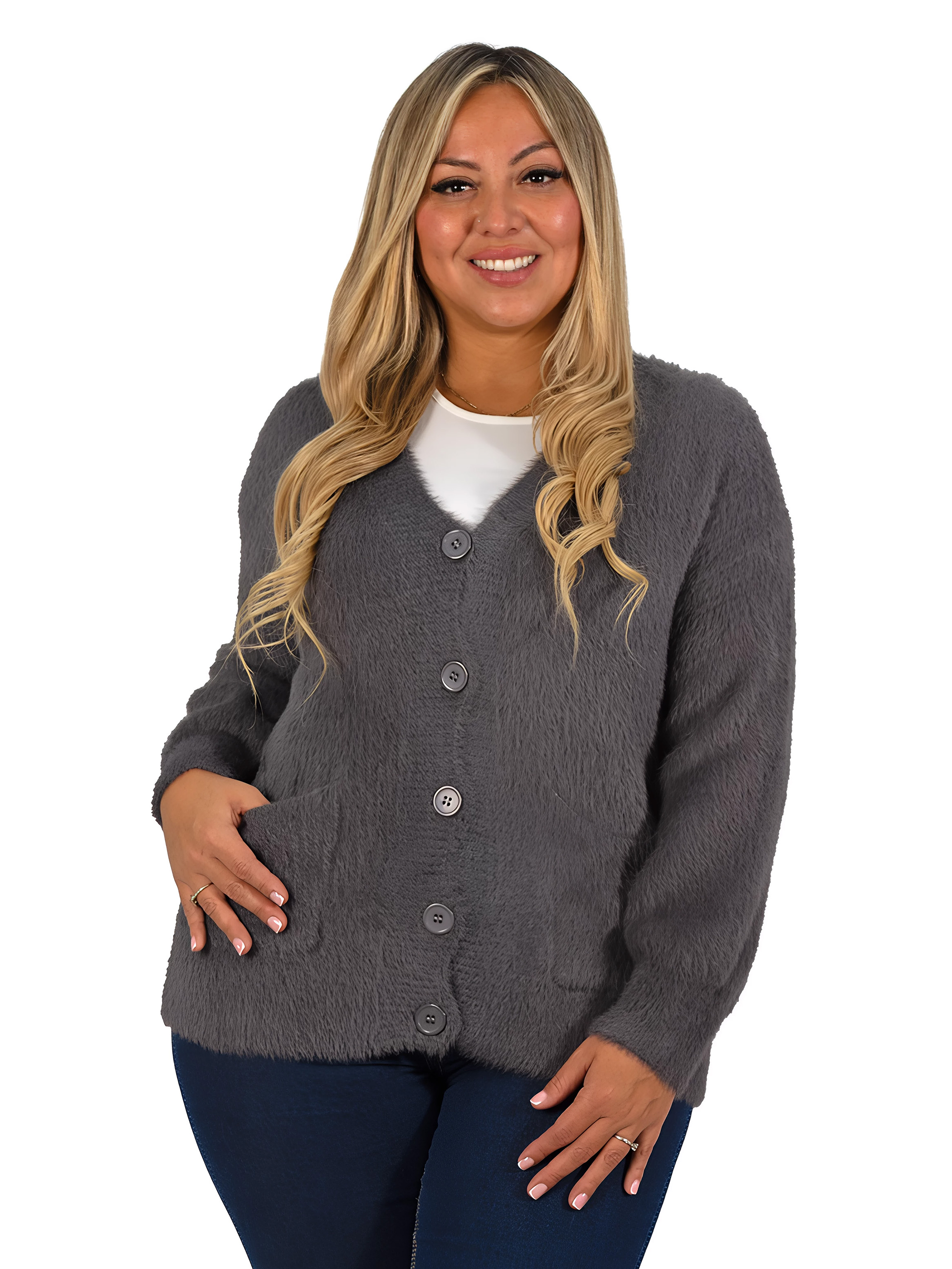 Cardigán Mujer botones peludo colores  3