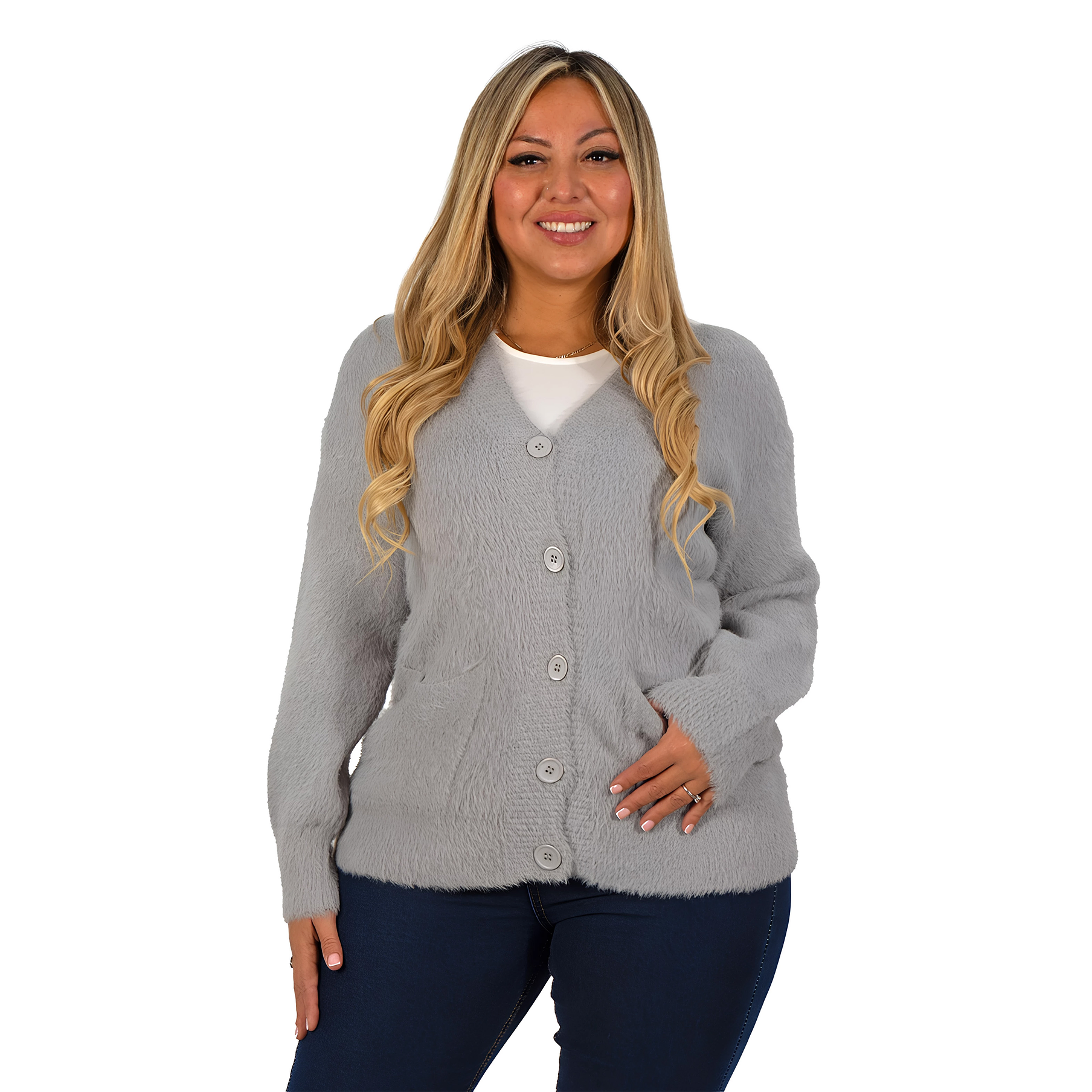 Cardigán Mujer botones peludo colores  11