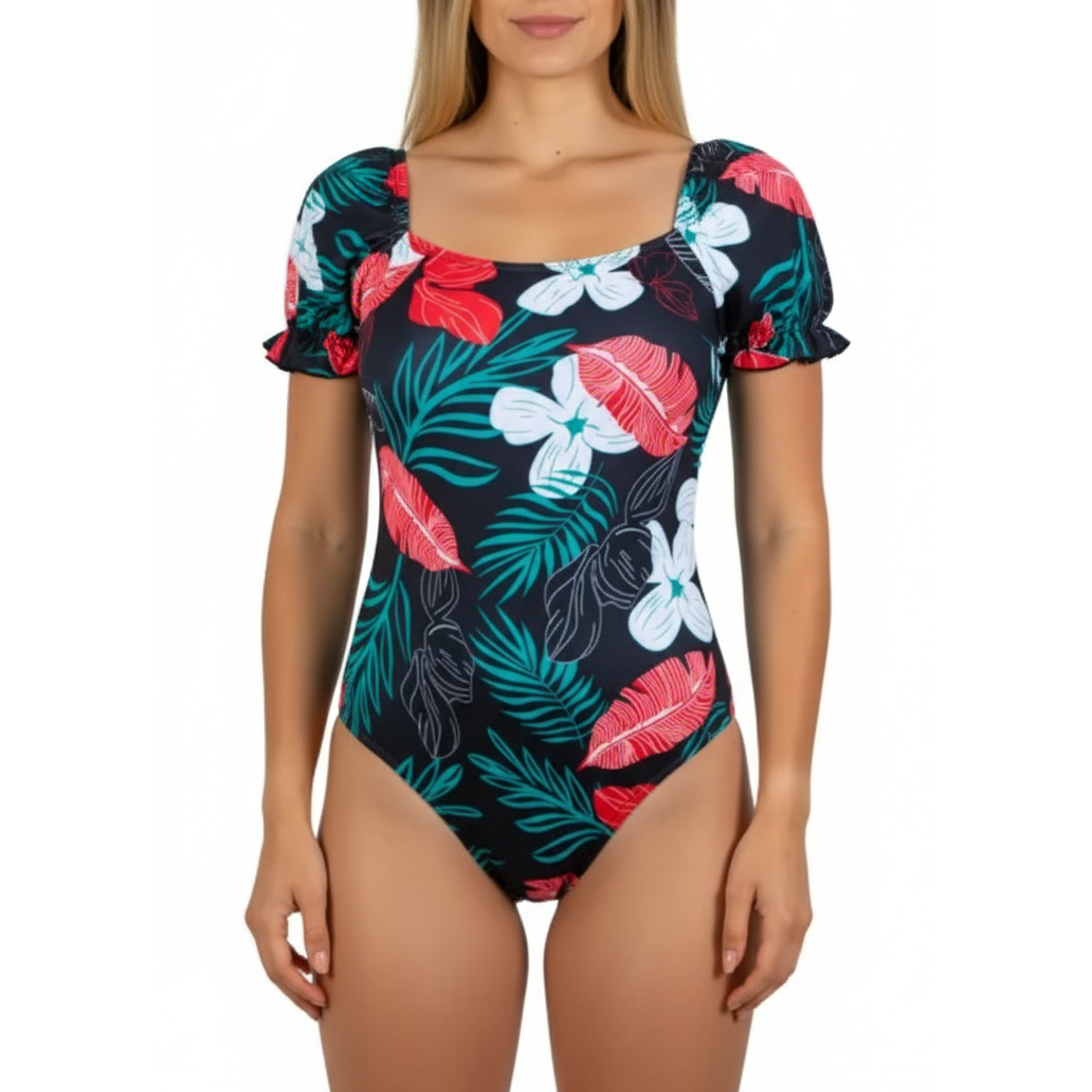 Traje de baño mangas estampado Floral rojo 1