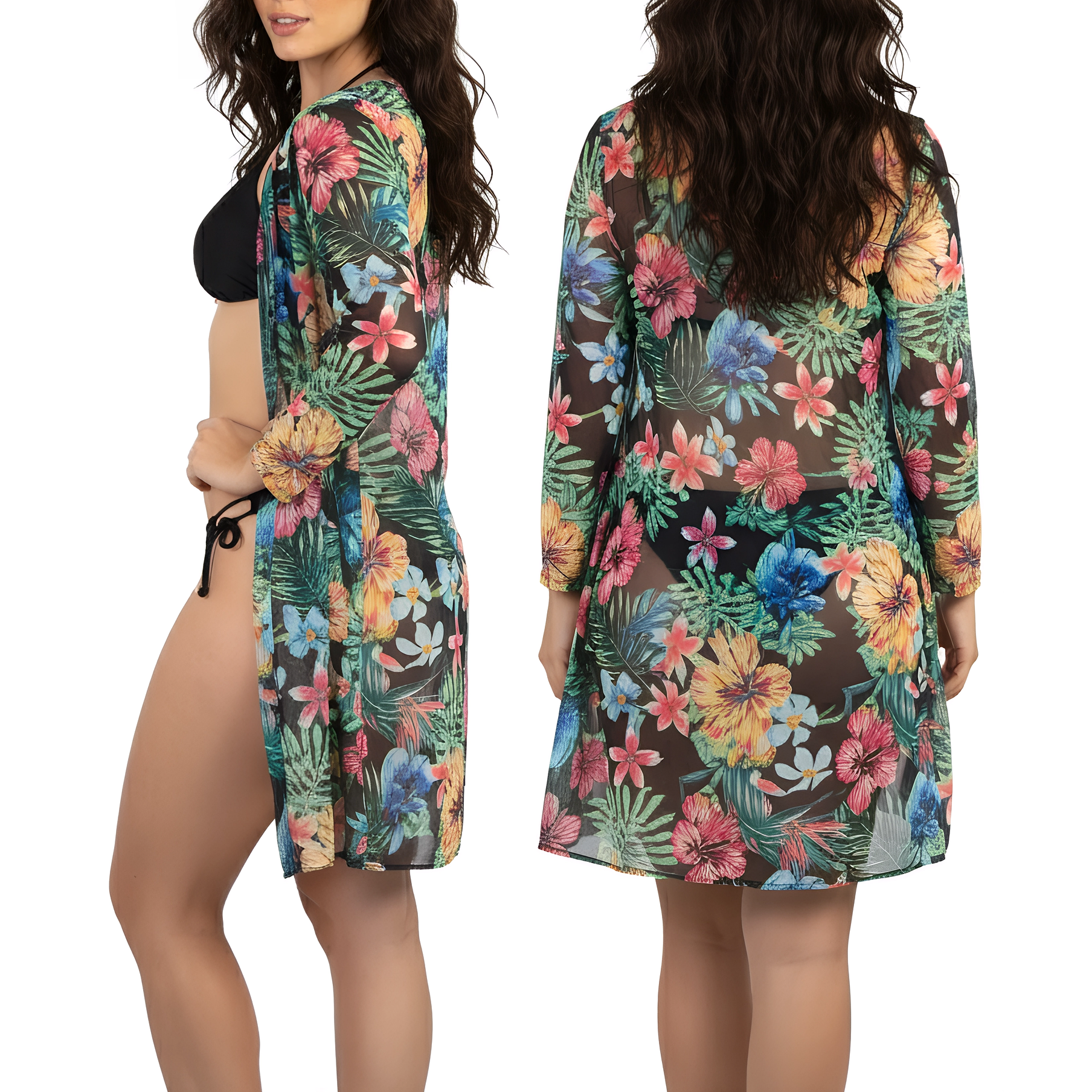 Kimono playa estampado Tropical Negro 3