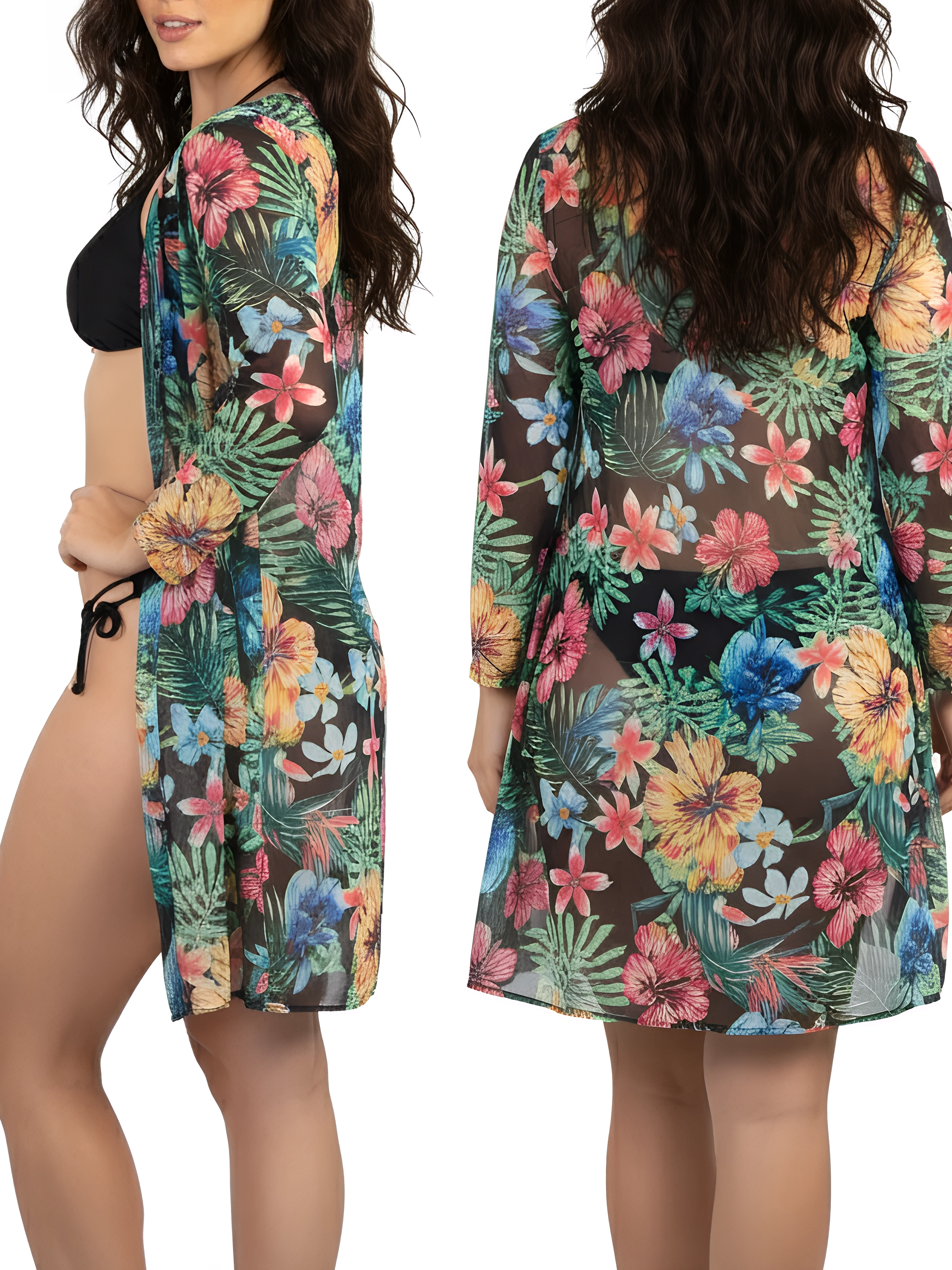Kimono playa estampado Tropical Negro 3