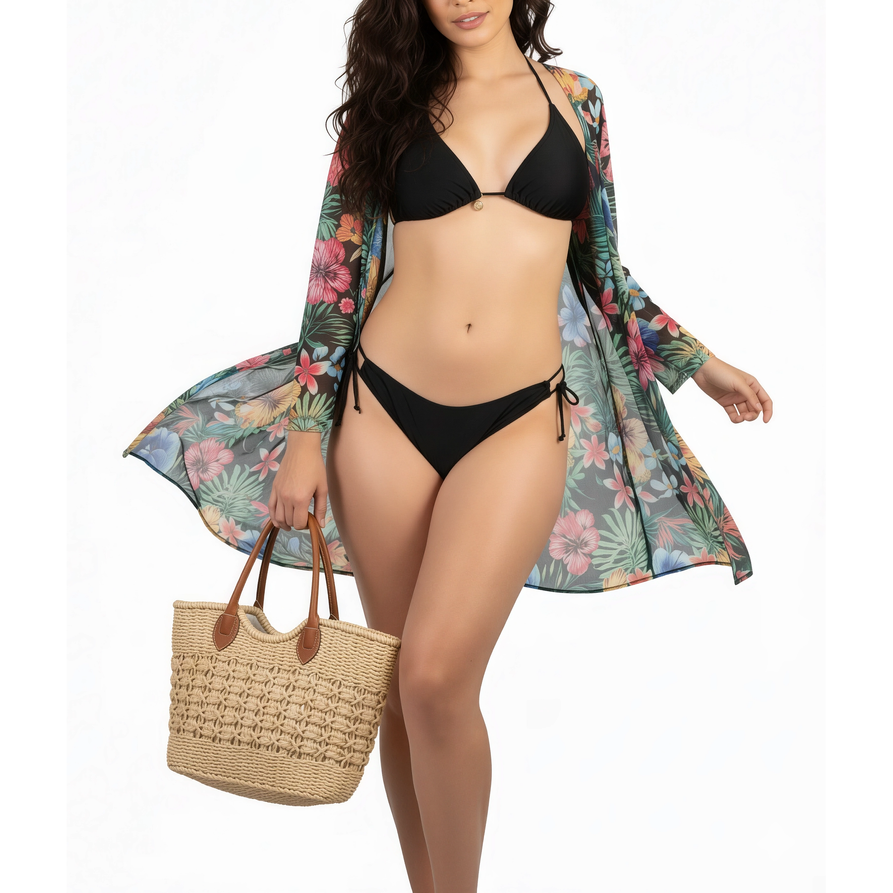 Kimono playa estampado Tropical Negro 2
