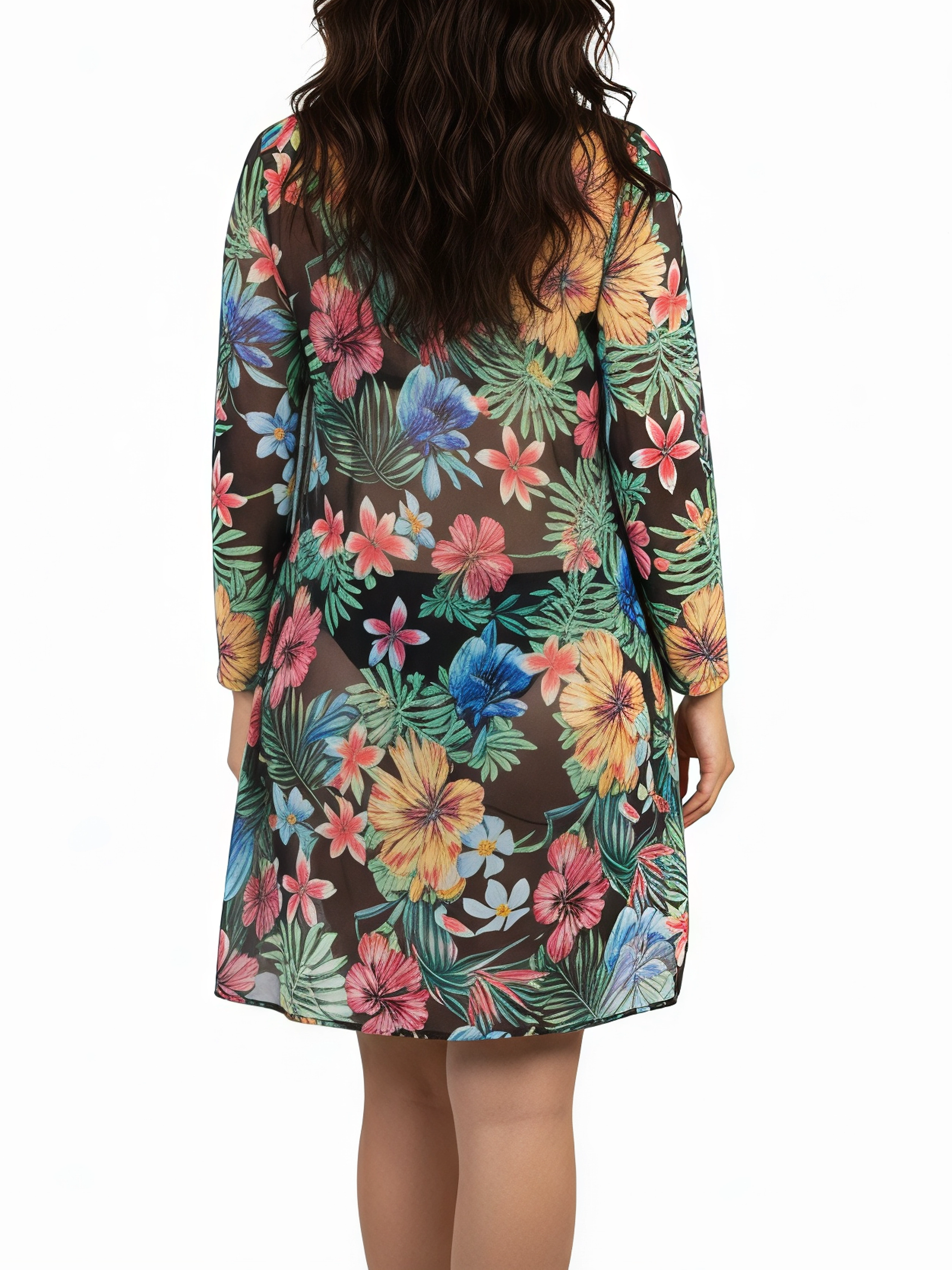 Kimono playa estampado Tropical Negro 4