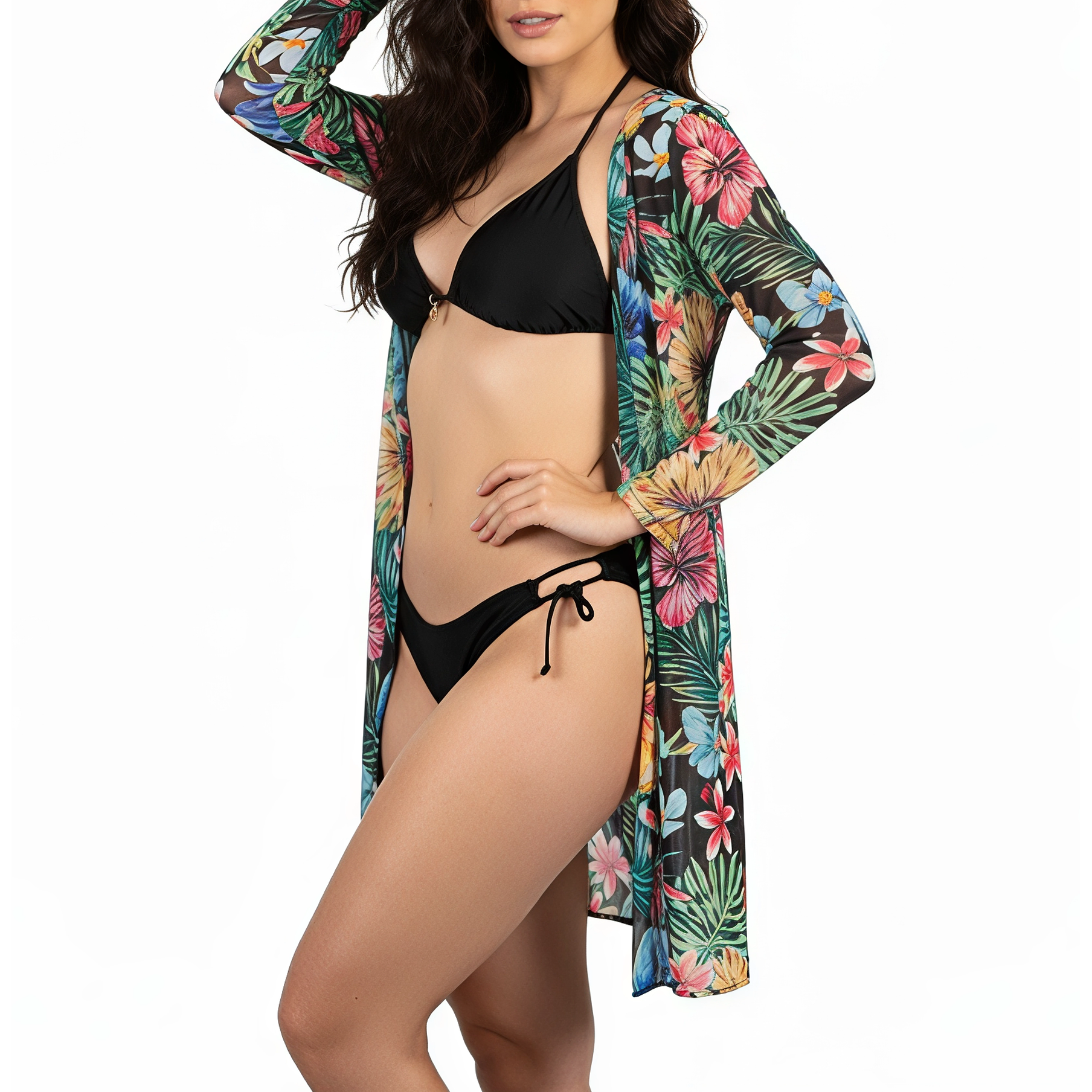 Kimono playa estampado Tropical Negro 1