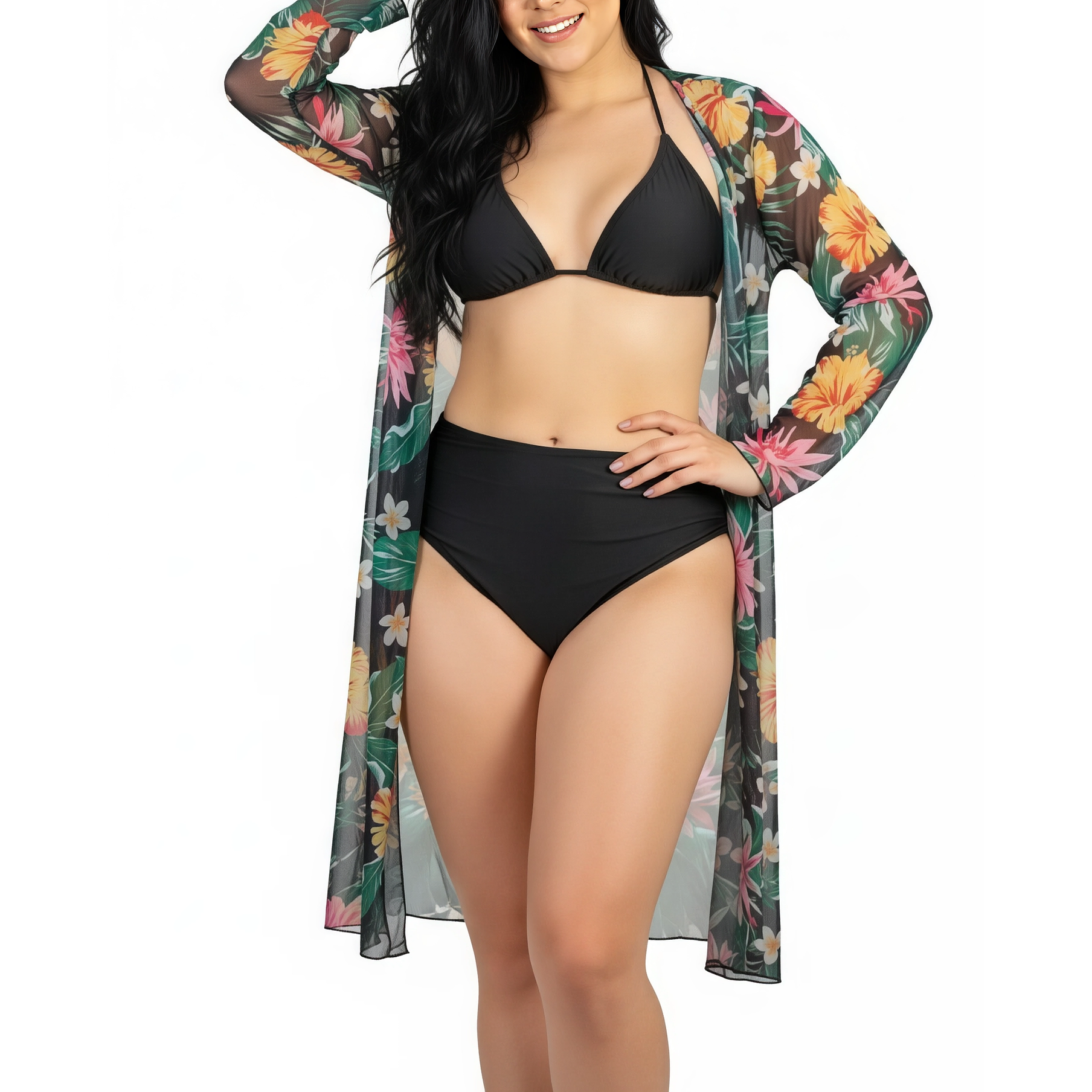 Kimono playa estampado Hawai  negro 1