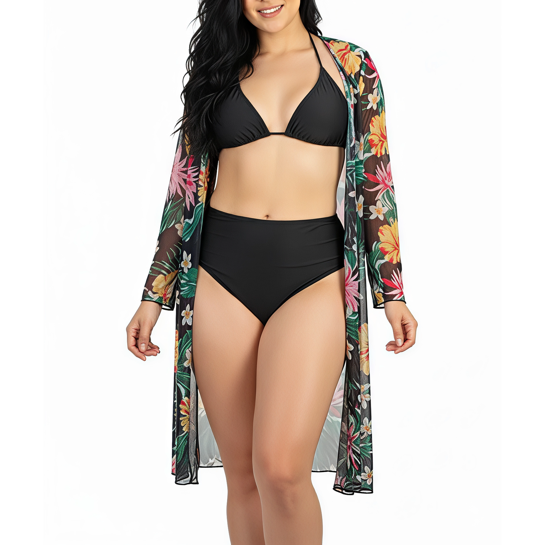 Kimono playa estampado Hawai  negro 2