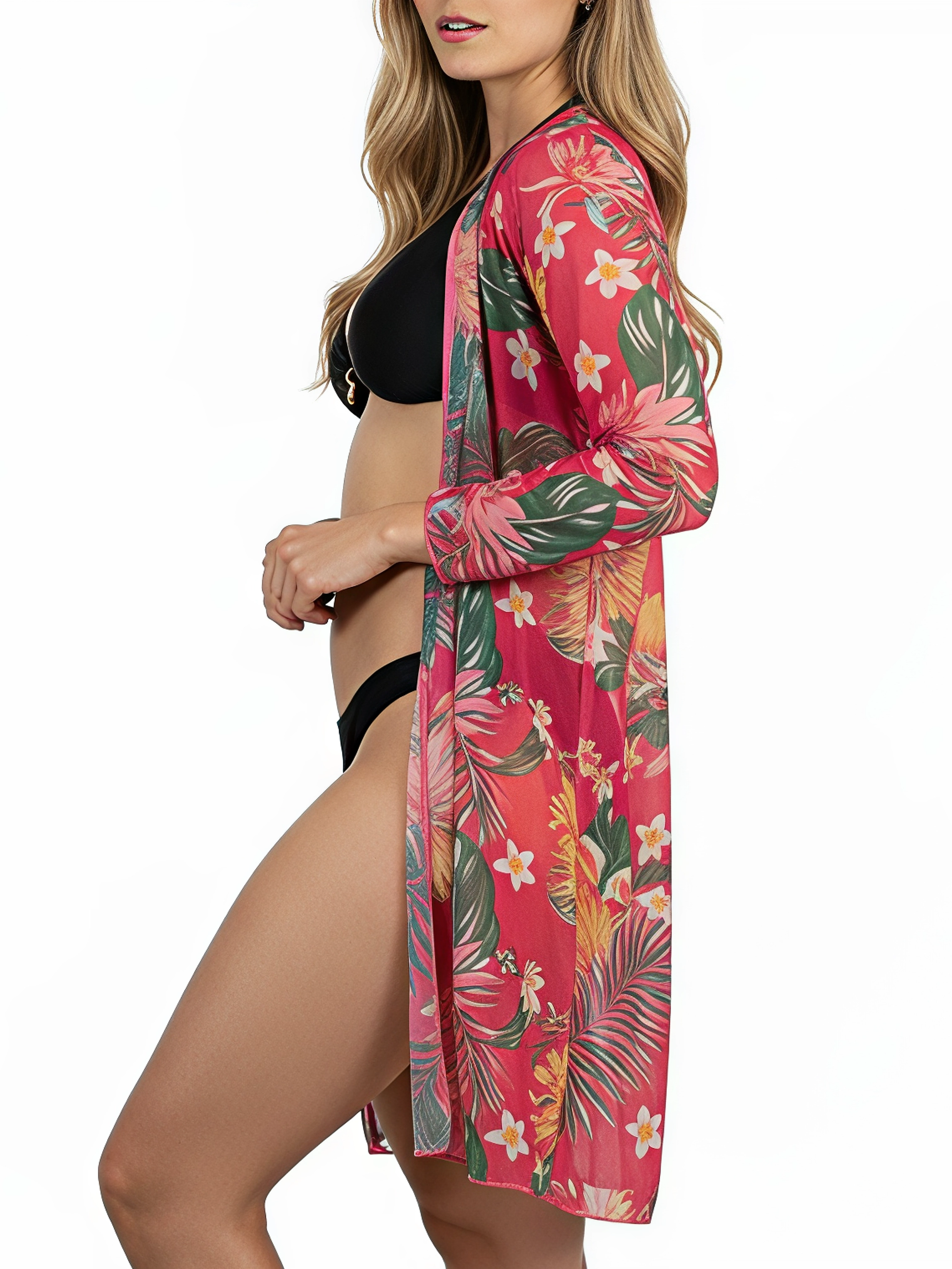 Kimono playa estampado Tropical Rosa 1