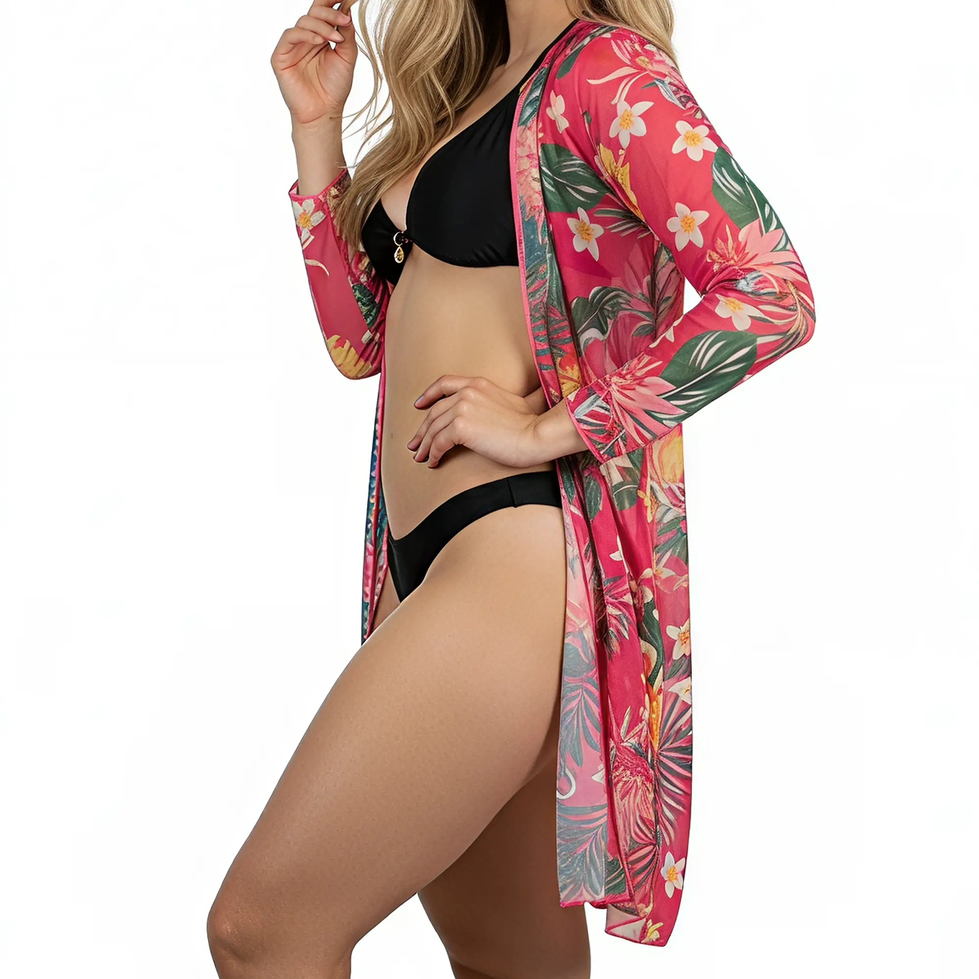 Kimono playa estampado Tropical Rosa 2