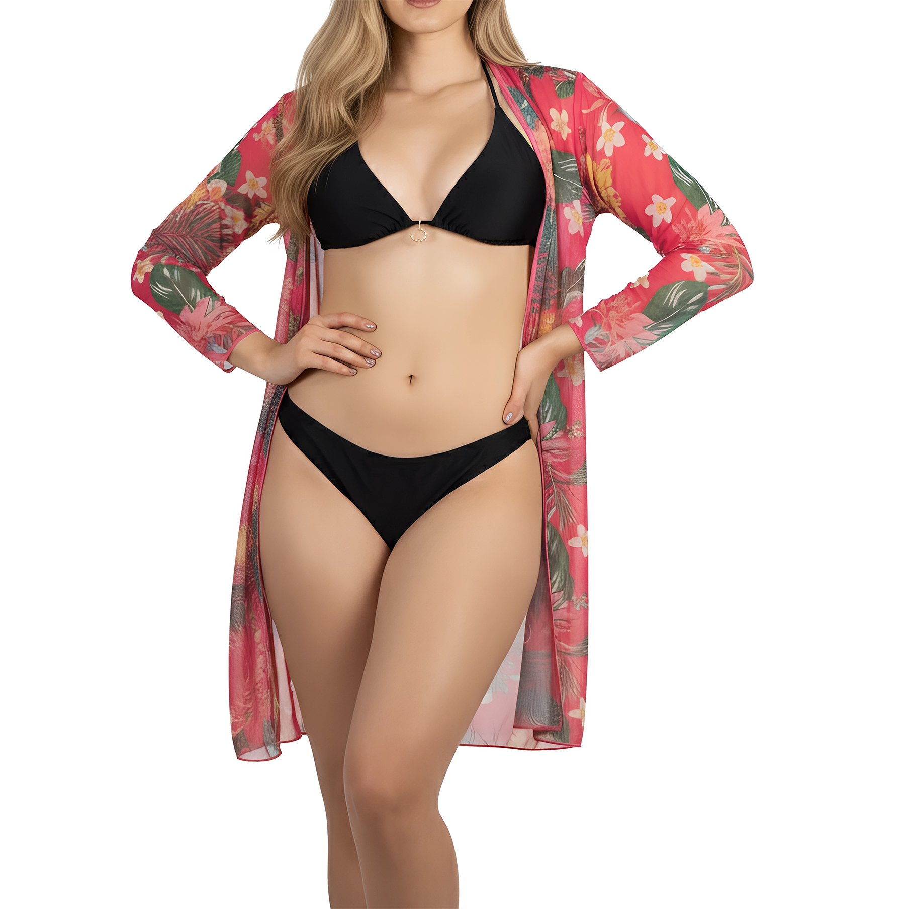 Kimono playa estampado Tropical Rosa 3