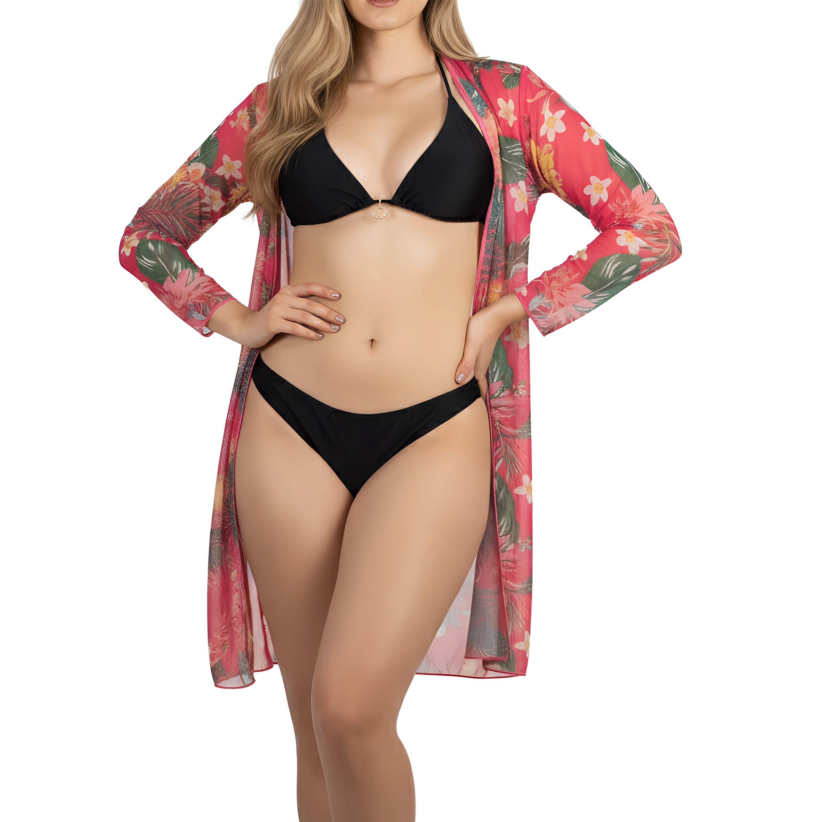 Kimono playa estampado Tropical Rosa 3