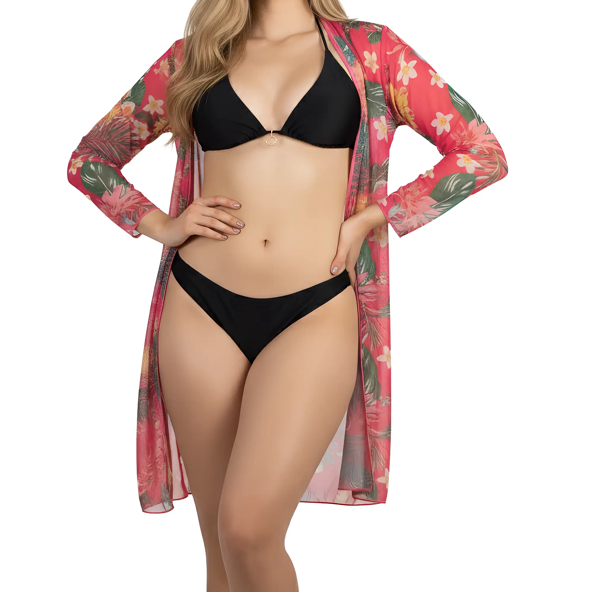 Kimono playa estampado Tropical Rosa 3