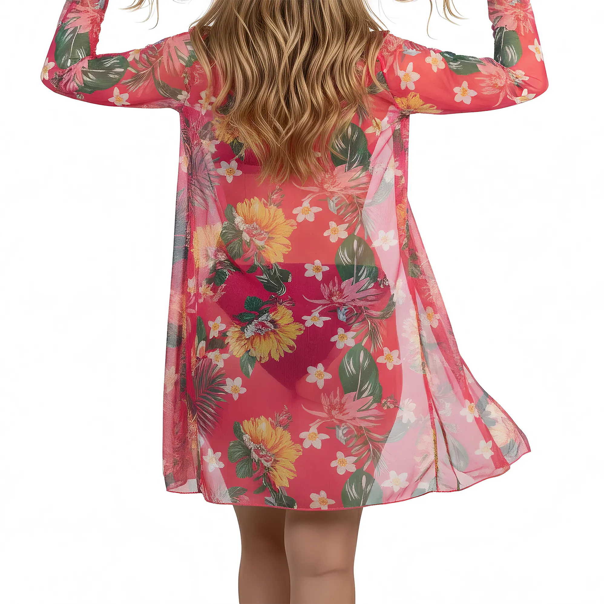 Kimono playa estampado Tropical Rosa 4