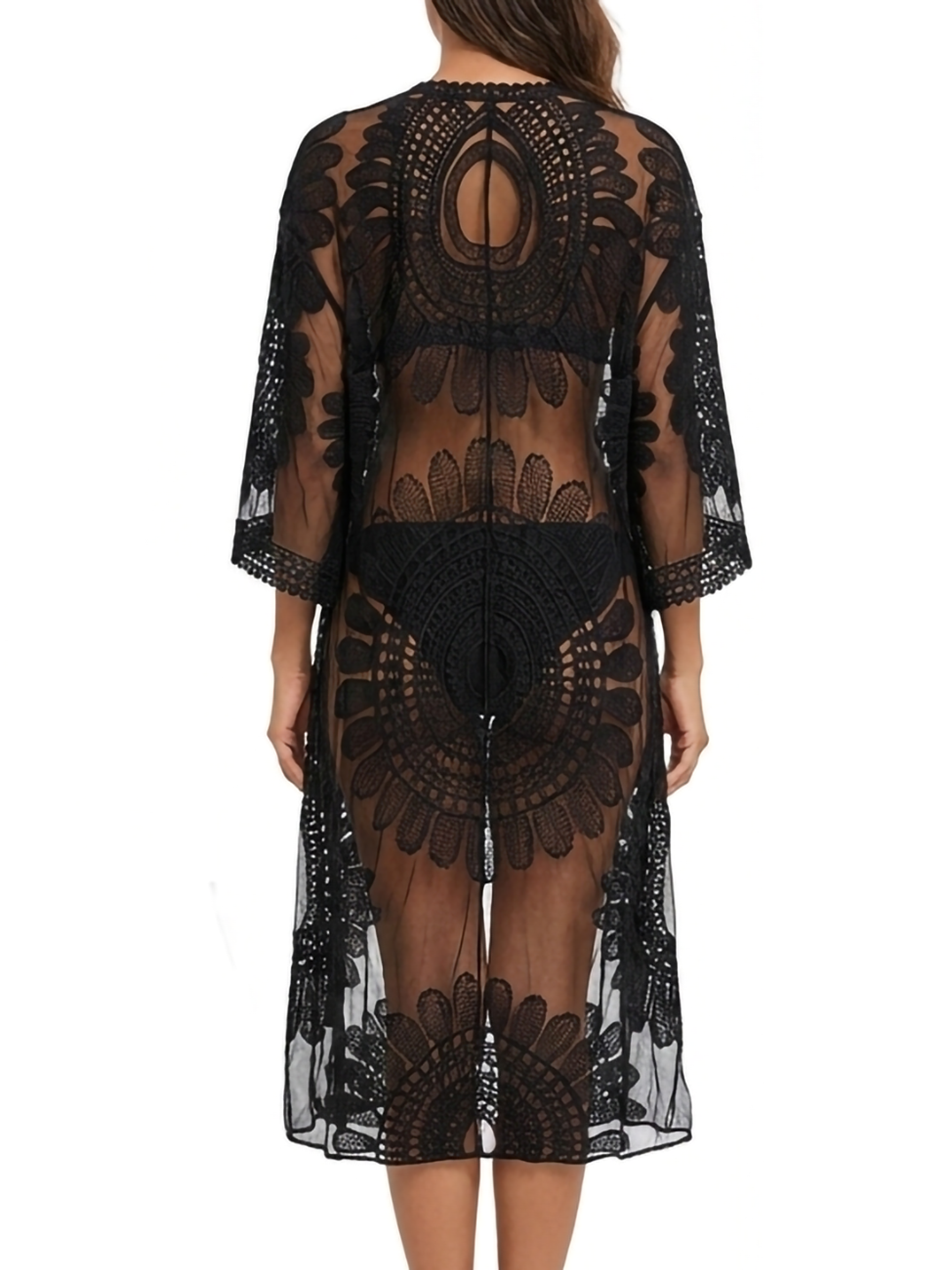 Kimono Largo Negro Encaje Calado 3