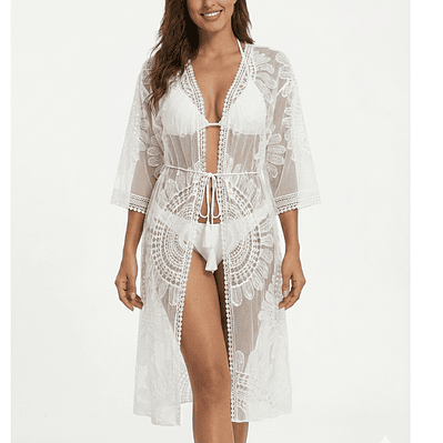 Kimono Largo Blanco Encaje Calado