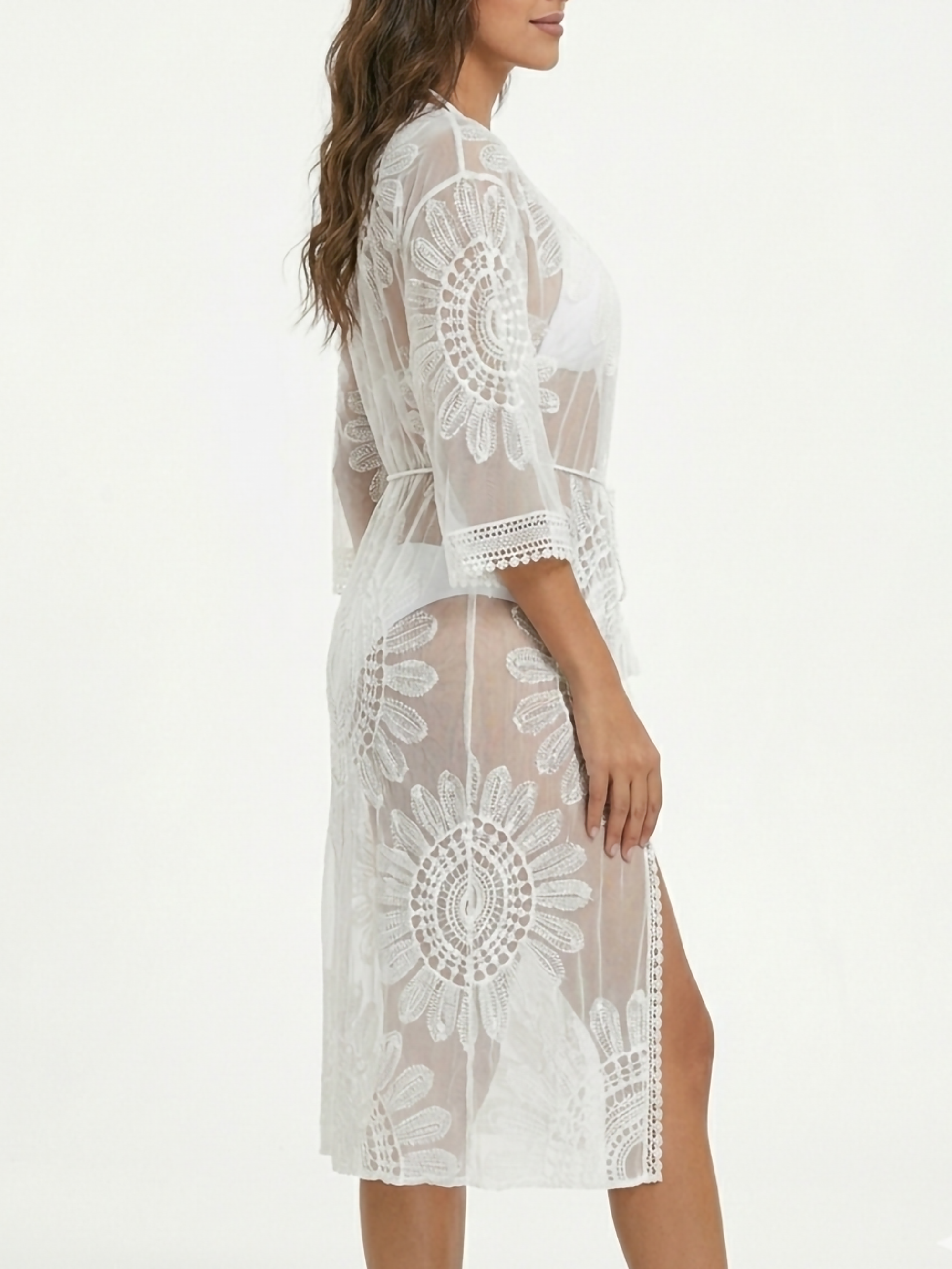 Kimono Largo Blanco Encaje Calado 2