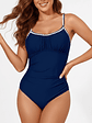Traje de Baño Entero Azul Marino Fruncido Ribete Blanco - Miniatura 1