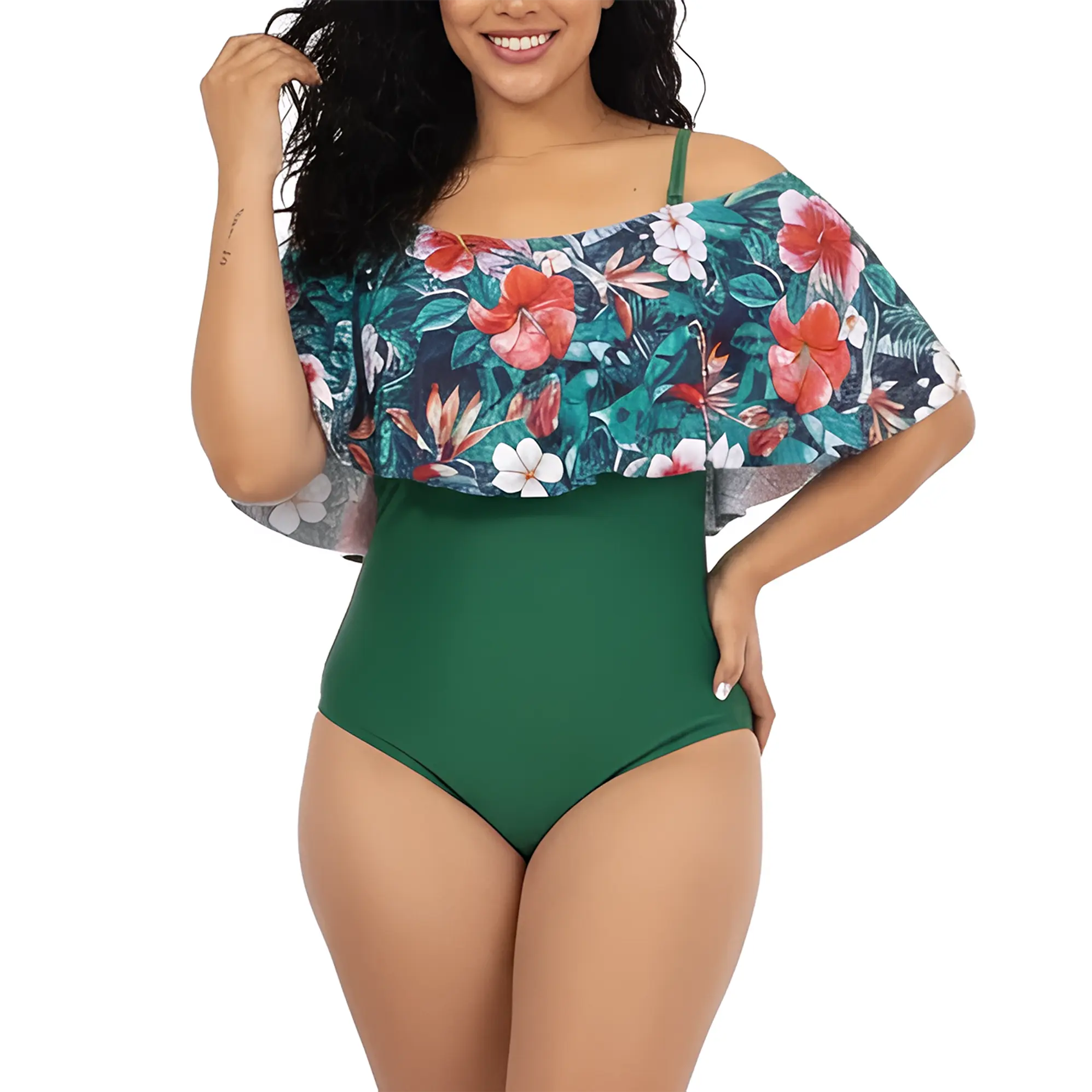 Traje de baño floral sin hombros Verde Lu 1