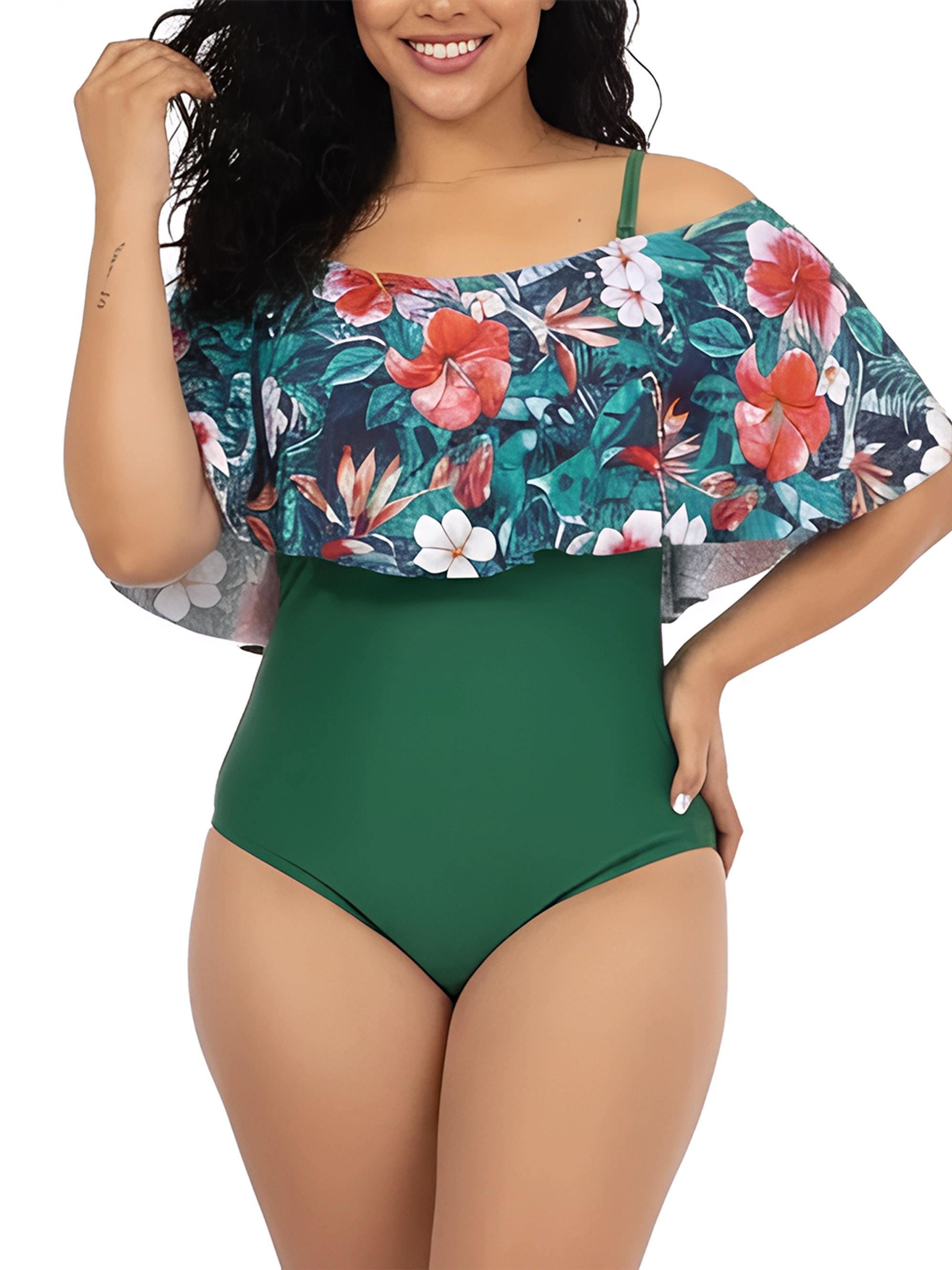 Traje de baño floral sin hombros Verde Lu 1