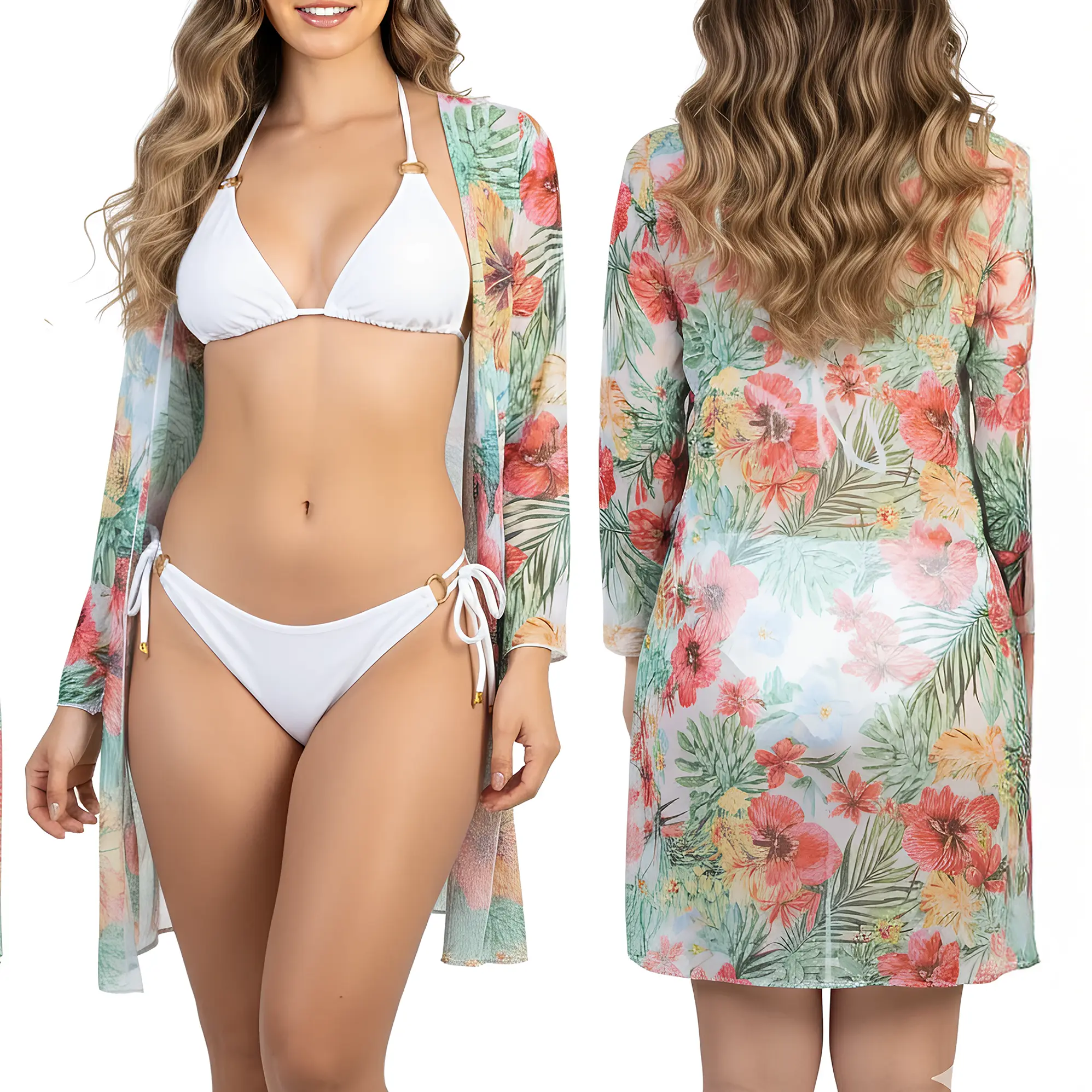 Kimono playa estampado Tropical Blanco 2