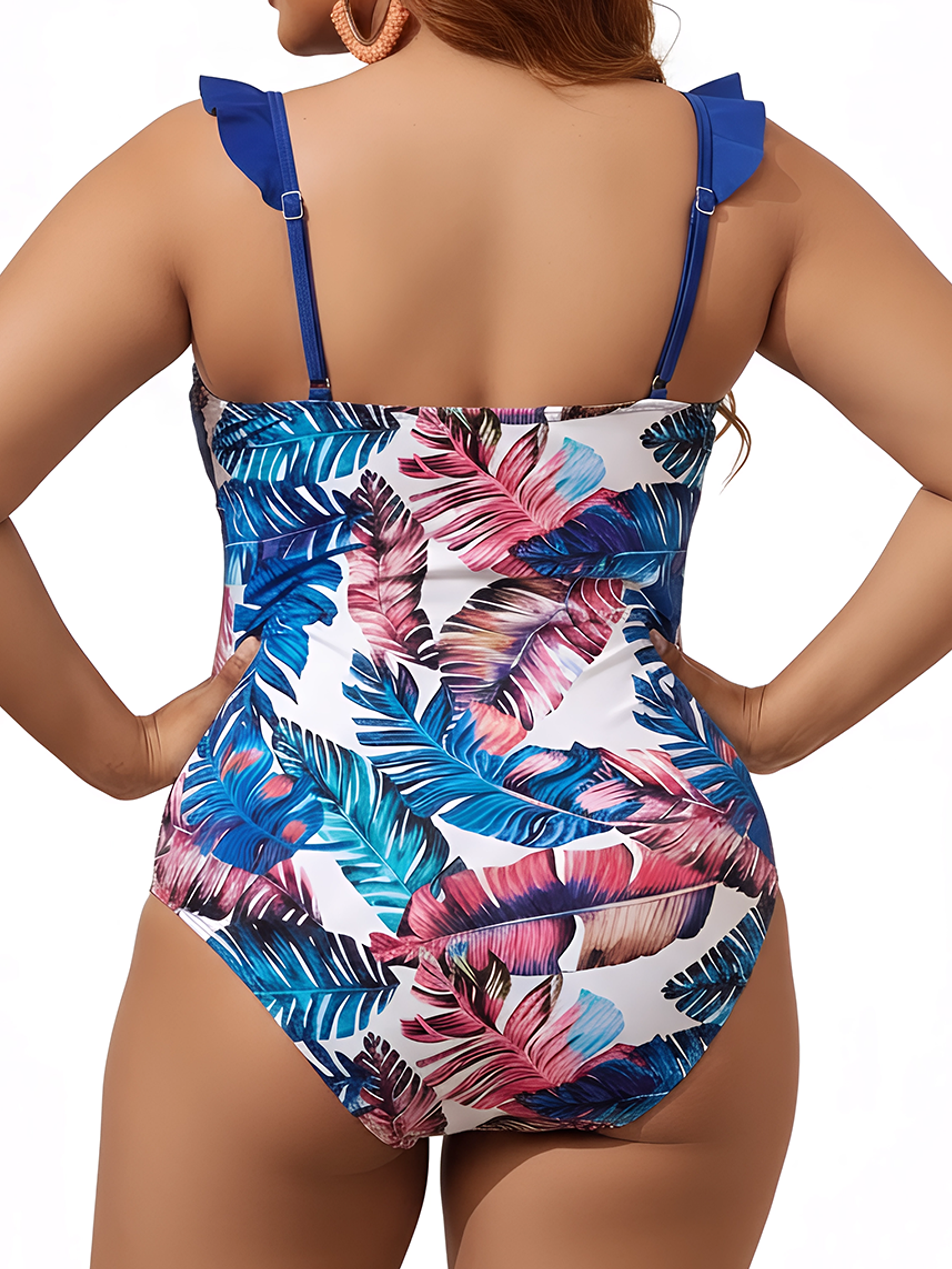 Traje de baño Cut out Plus size Azul Hojas 2