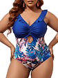 Traje de baño Cut out Plus size Azul Hojas - Miniatura 1