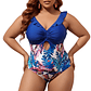 Traje de baño Cut out Plus size Azul Hojas - Miniatura 1