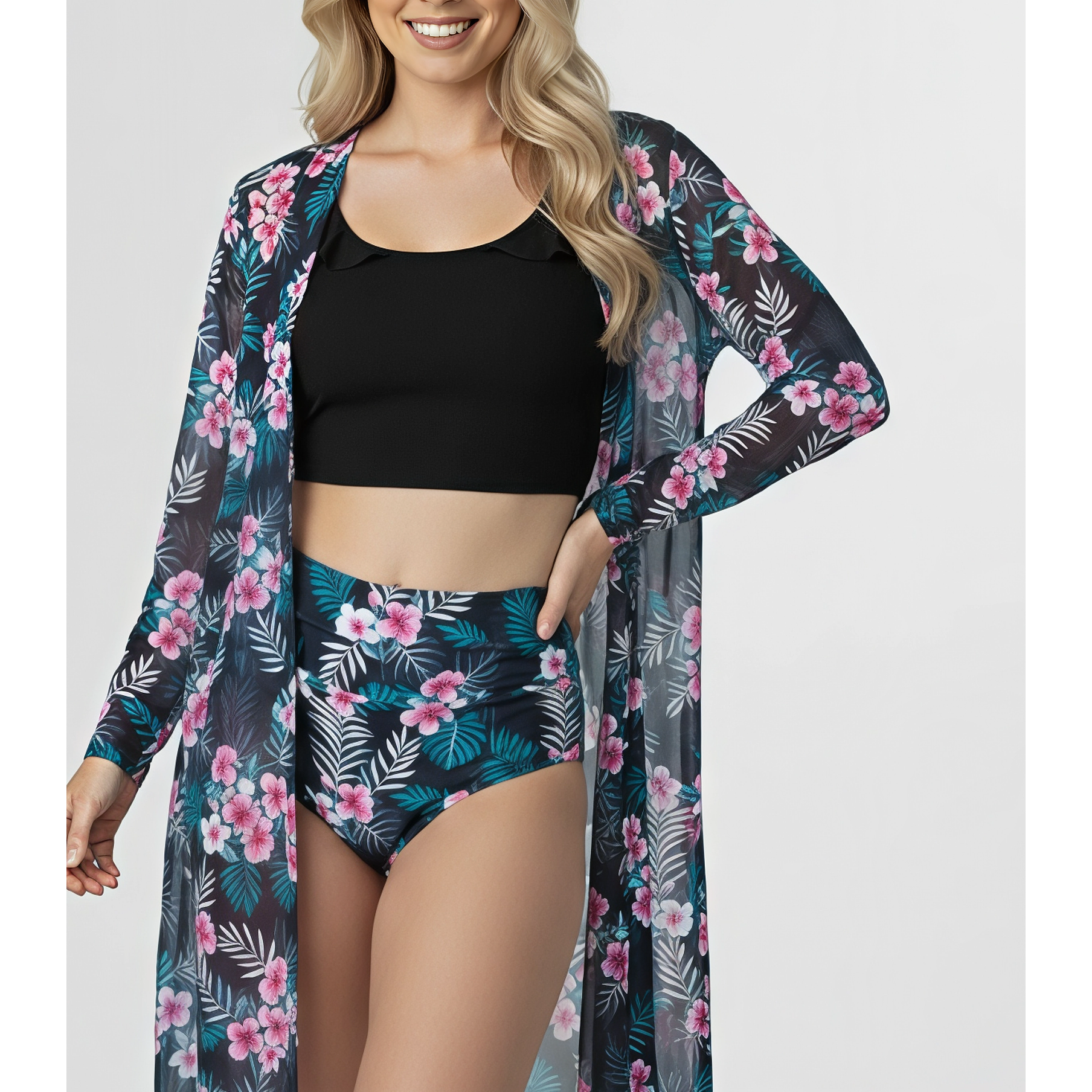 Set de 3 Piezas: Bikini y Kimono Flora Negro Tropical 2