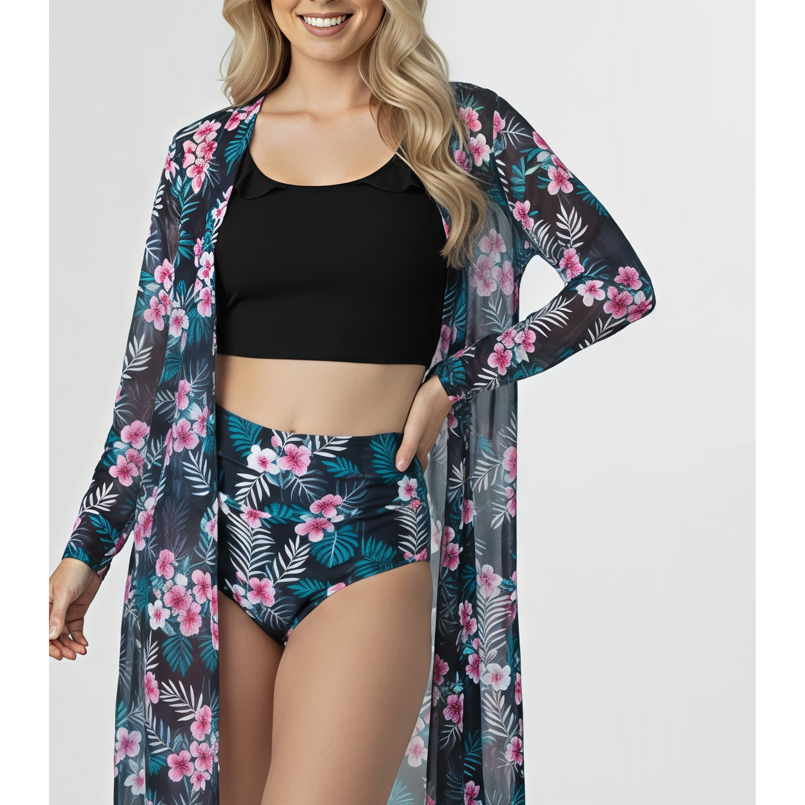 Set de 3 Piezas: Bikini y Kimono Flora Negro Tropical 2