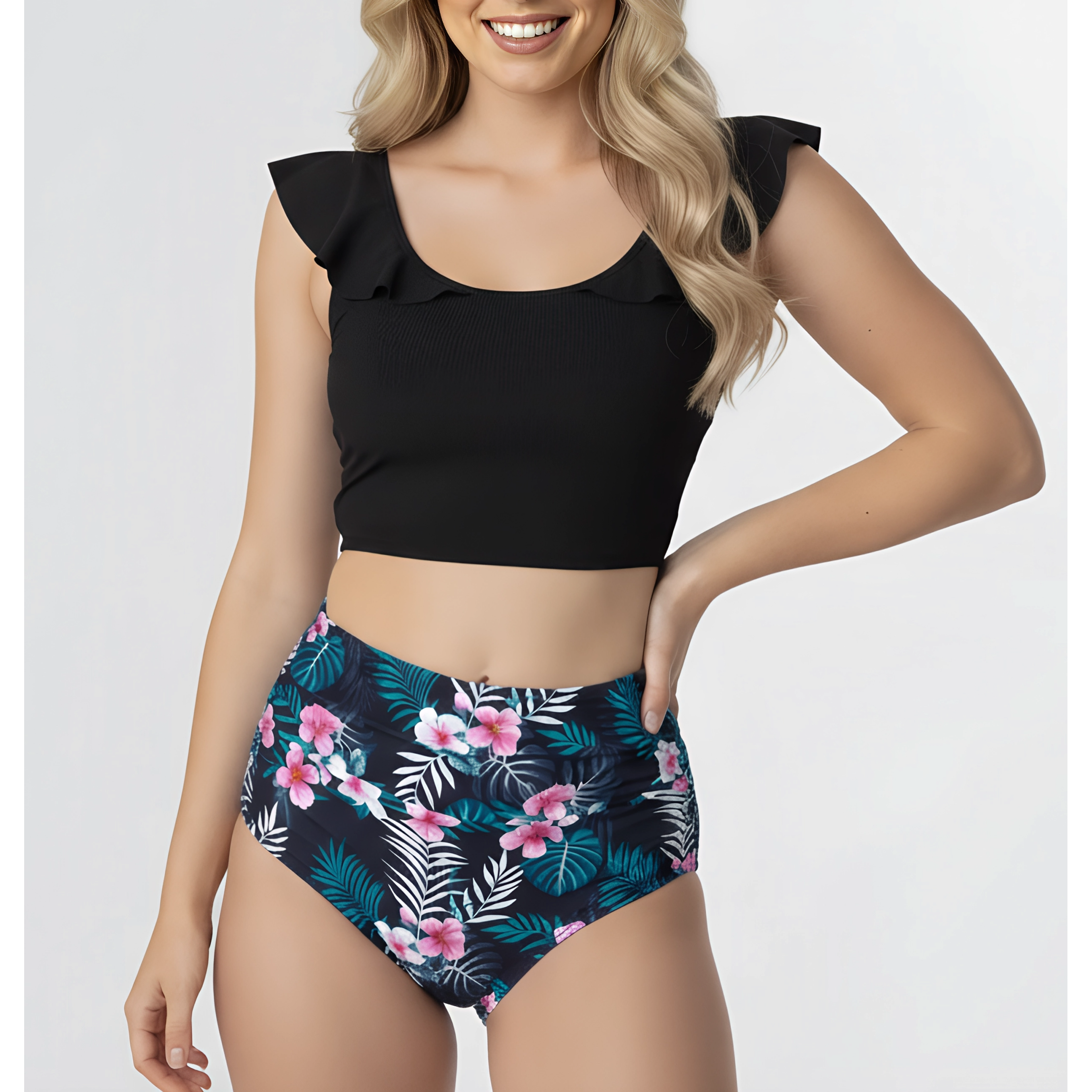 Set de 3 Piezas: Bikini y Kimono Flora Negro Tropical 1