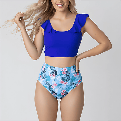 Set de 3 Piezas: Bikini y Kimono Flora Tropical Azul
